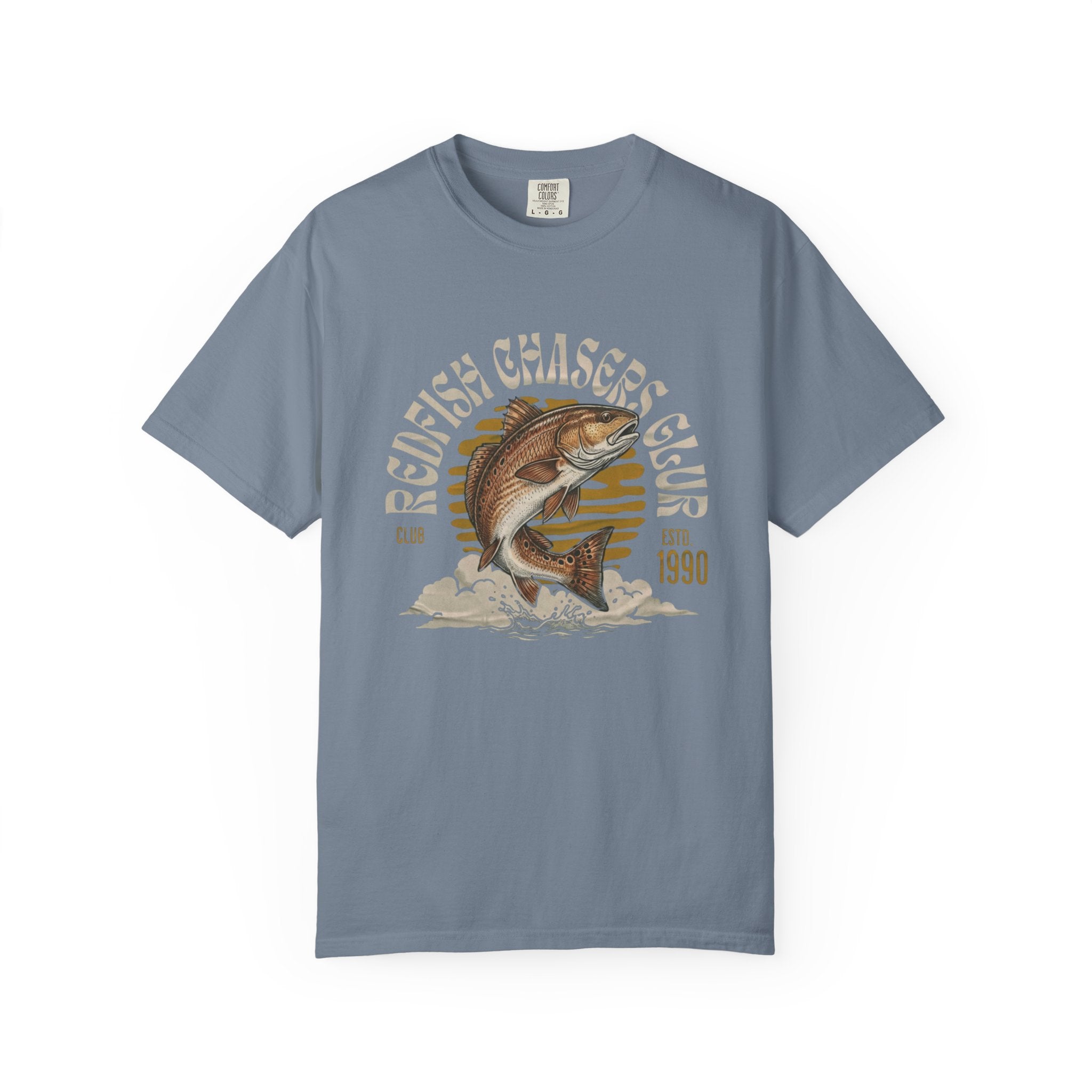 Blue t-shirt with a redfish graphic and text on a white background