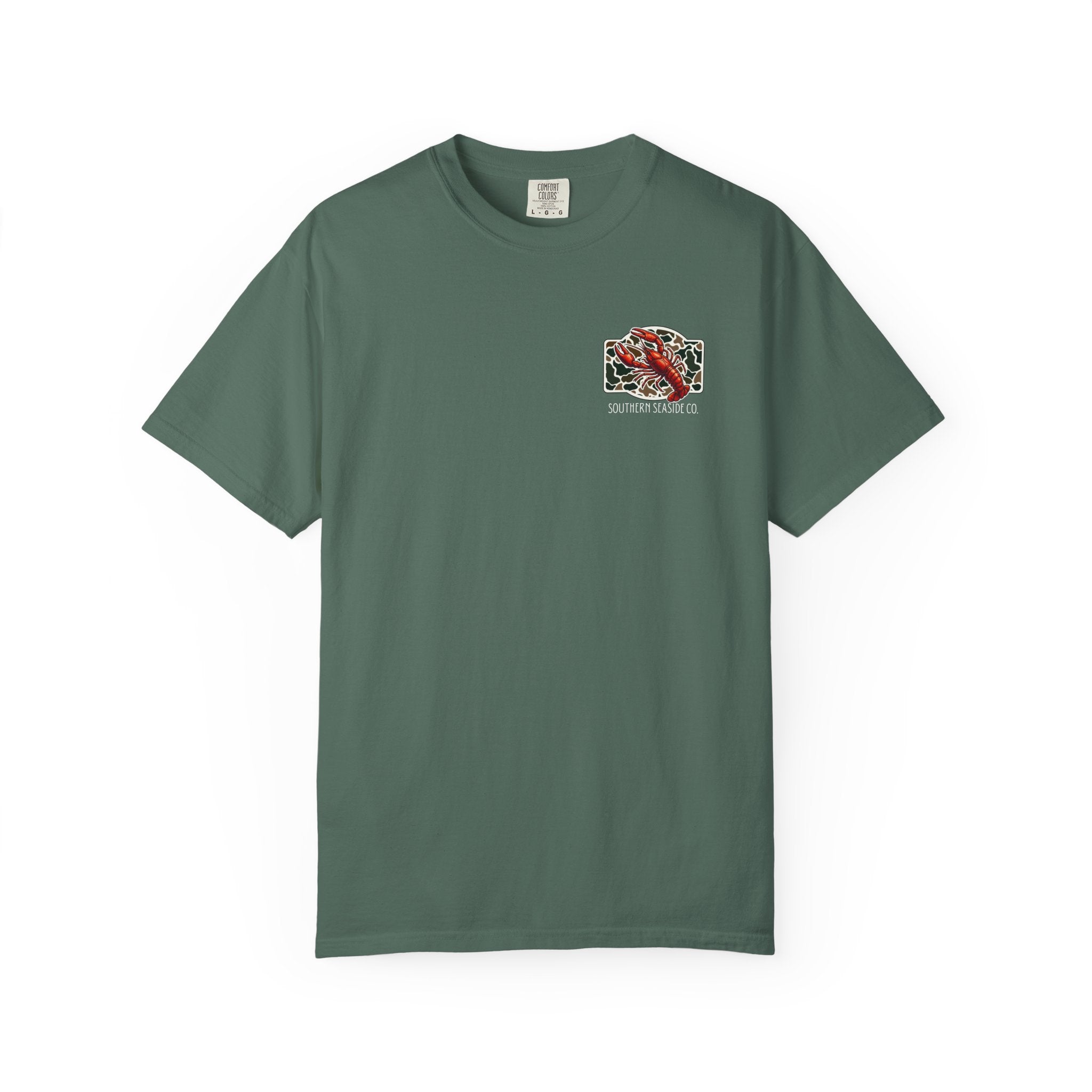 Men's Crawfish tee. A Green t-shirt with a graphic design of a crawfish and a camo print logo of Southern Seaside Co on chest pocket area. 