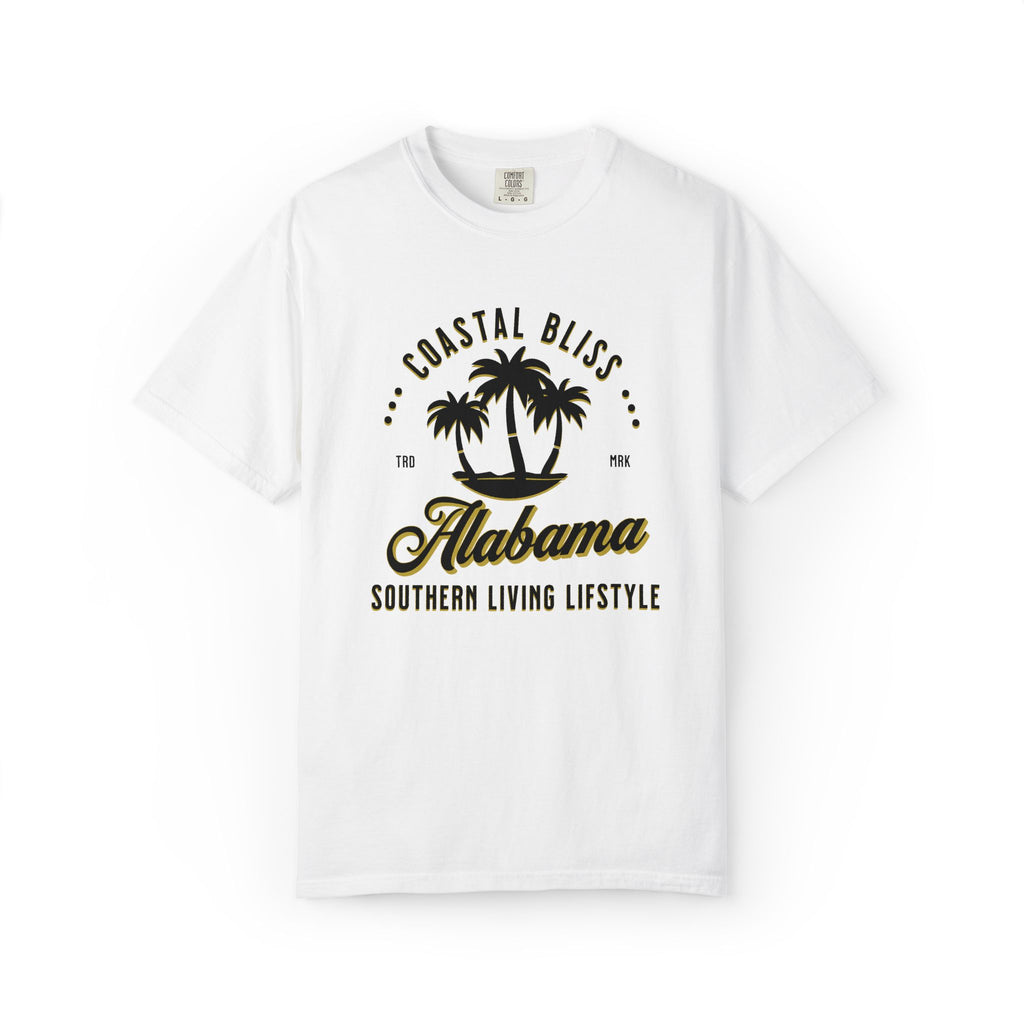 White t-shirt with 'Coastal Bliss Alabama Southern Living Lifestyle' design on a white background