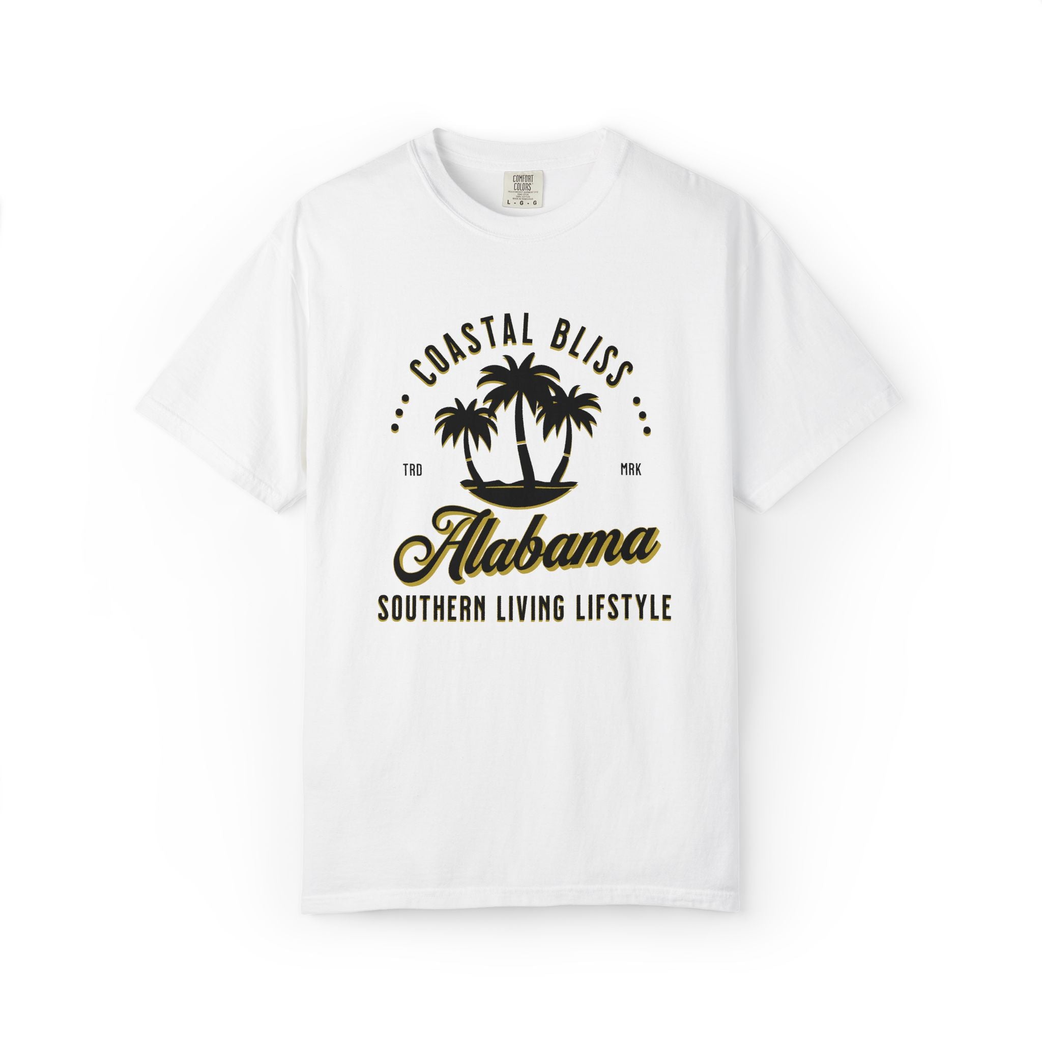 White t-shirt with 'Coastal Bliss Alabama Southern Living Lifestyle' design on a white background