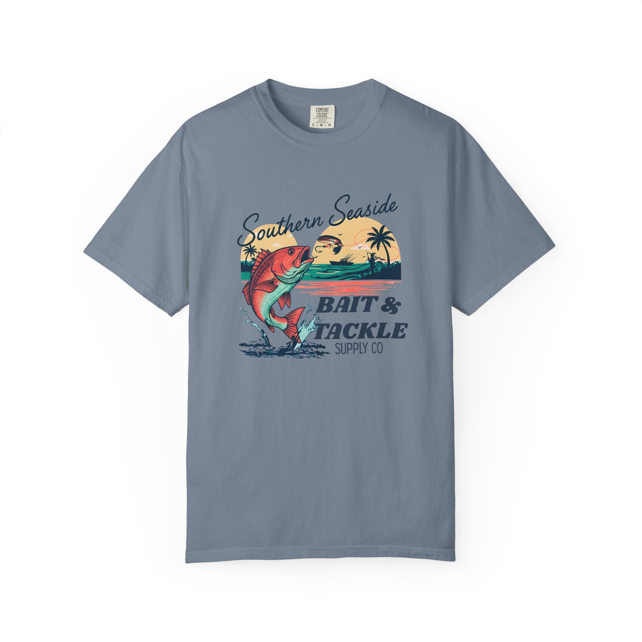Blue t-shirt with Southern Seaside Bait & Tackle graphic on a white background
