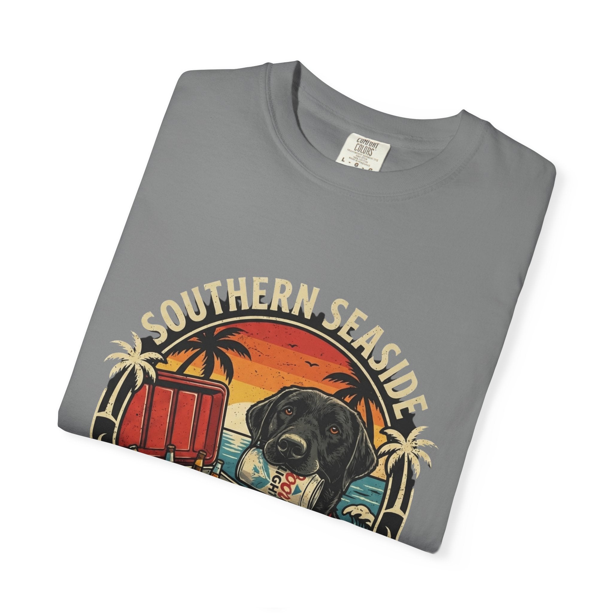 Folded gray t-shirt with 'Southern Seaside' graphic design featuring a dog and a cooler of beer on the beach.