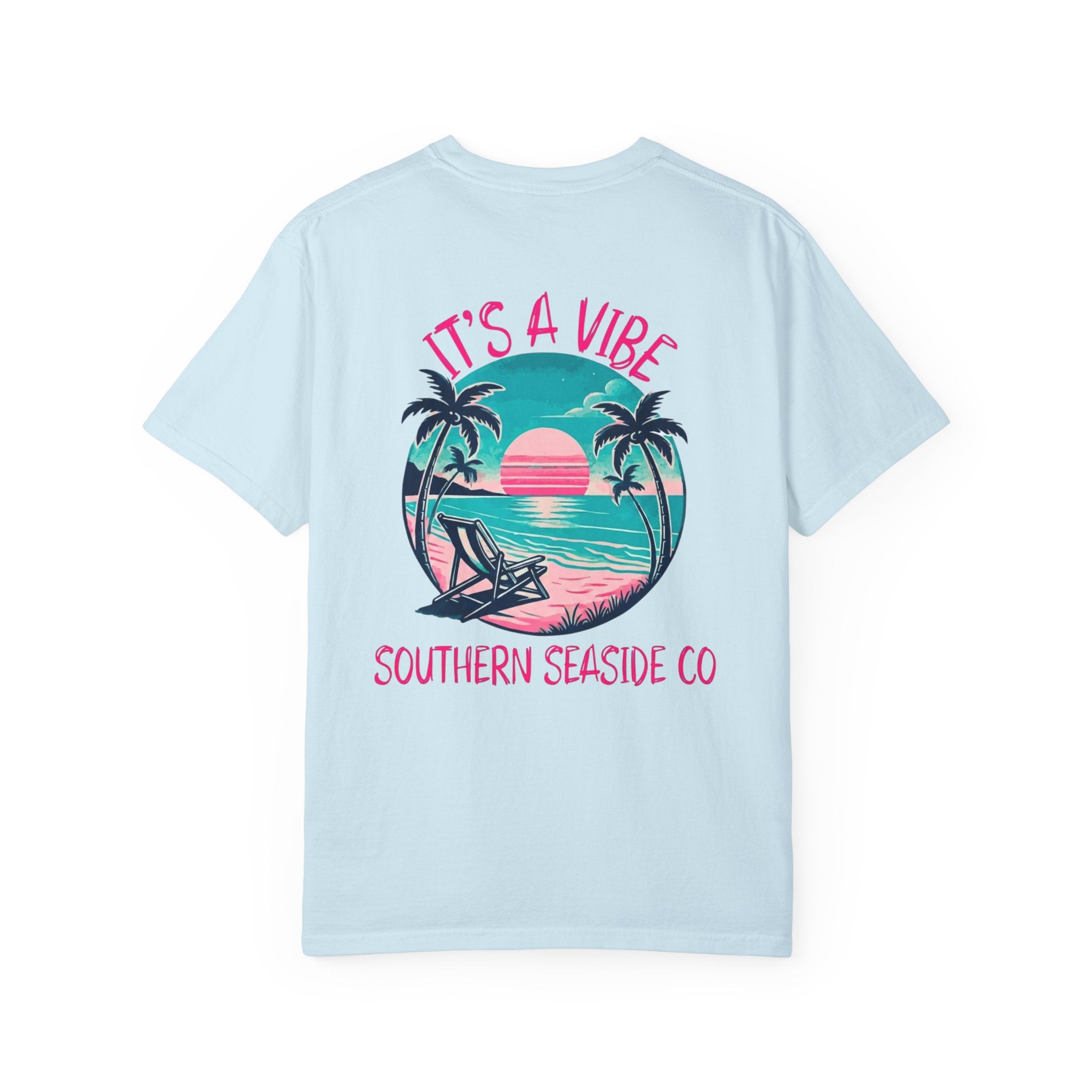 Light blue t-shirt with a tropical graphic and 'It's a Vibe' text on a white background