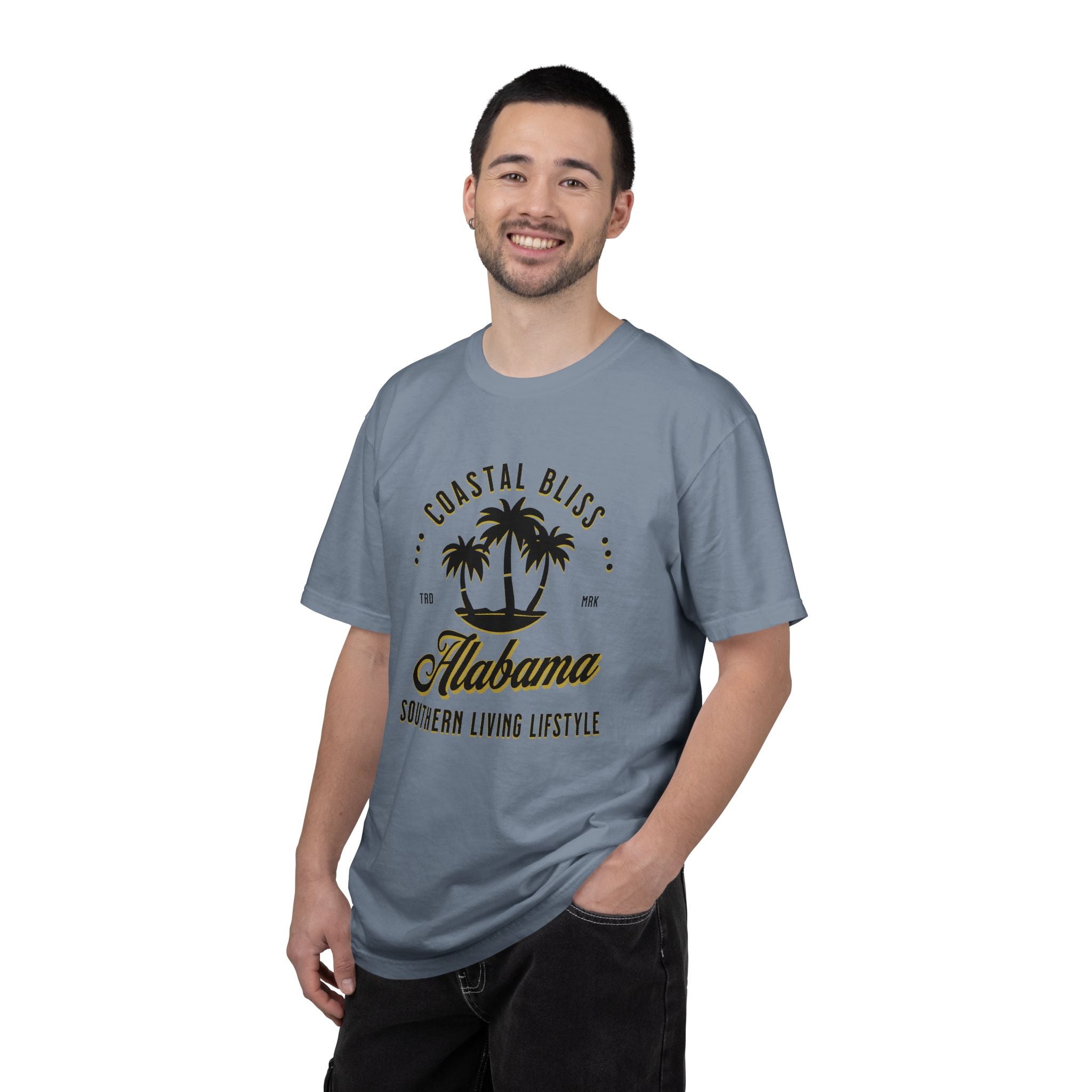 Man wearing a gray t-shirt with 'Alabama' text and palm tree design on a white background