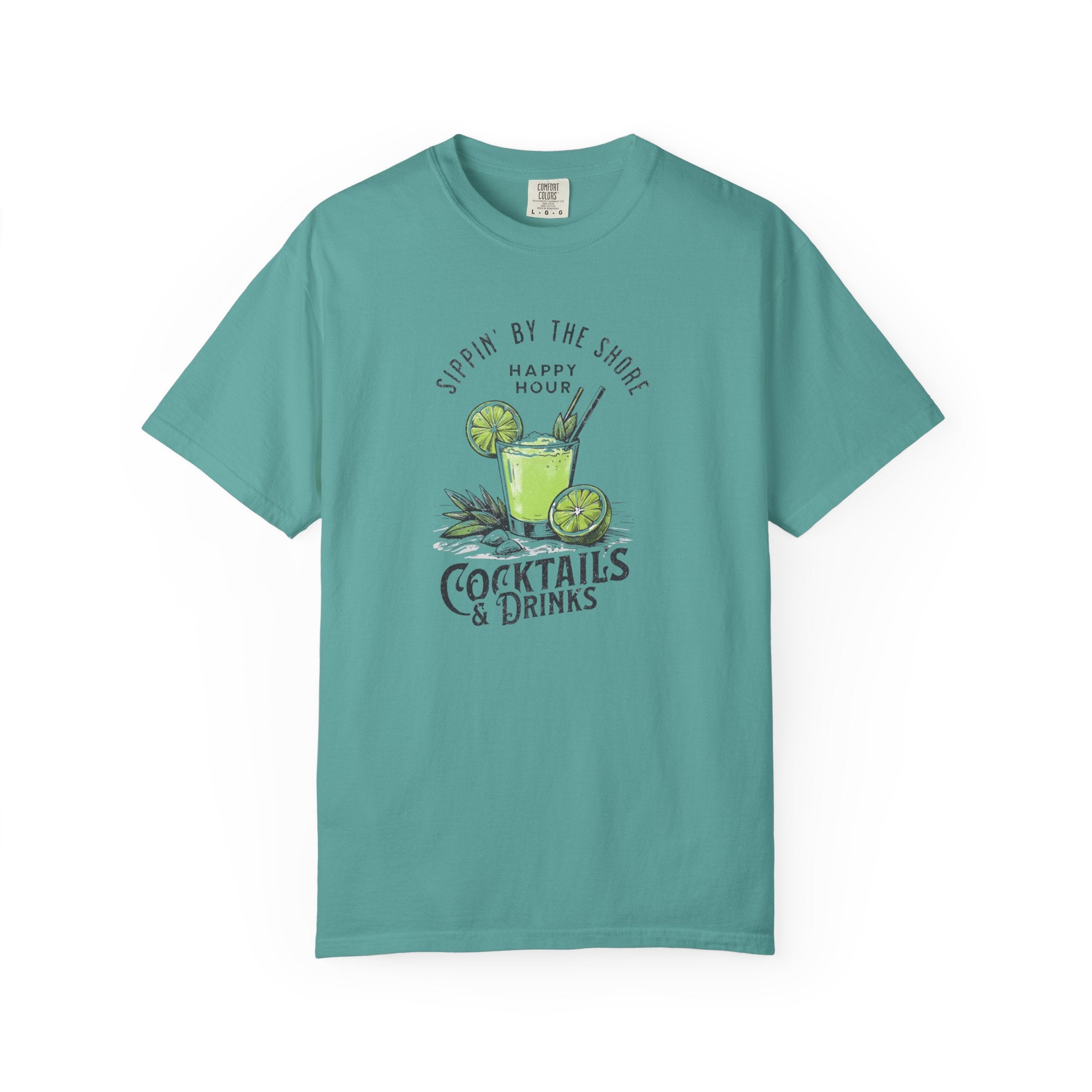 Teal t-shirt with cocktail graphic and text on a white background
