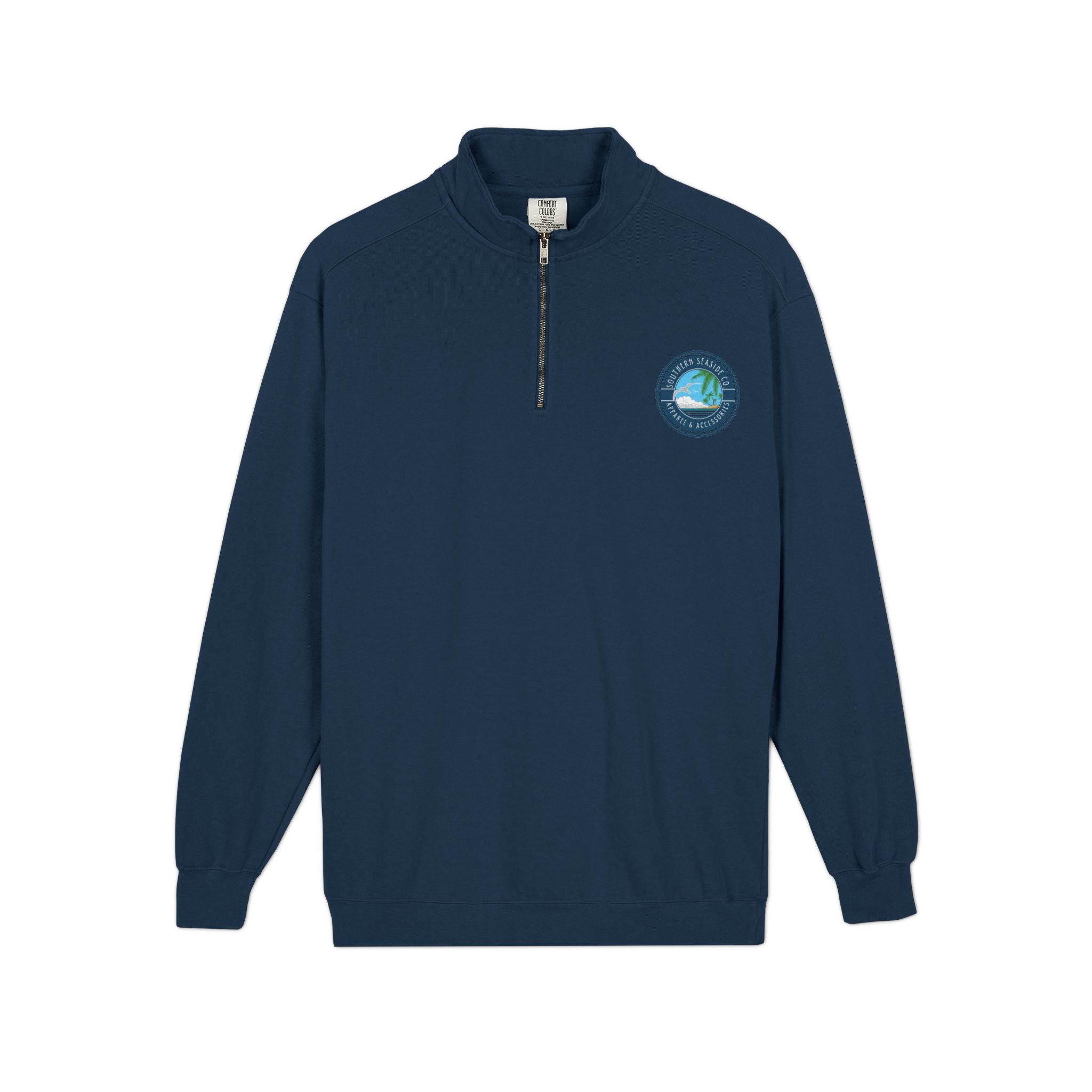 Navy blue pullover quarter zip sweatshirt with a logo on the chest against a white background