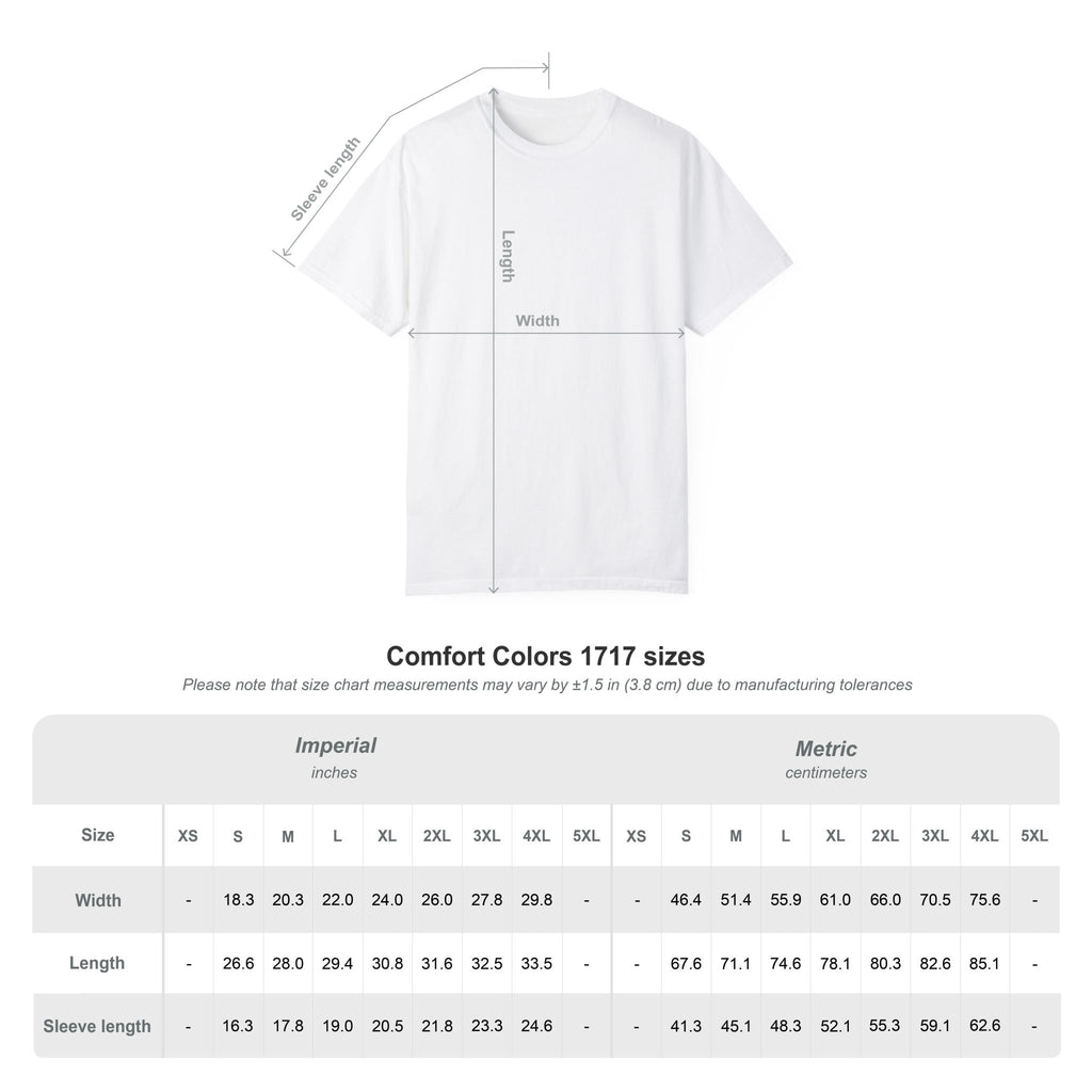 White t-shirt with size chart measurements on a white background