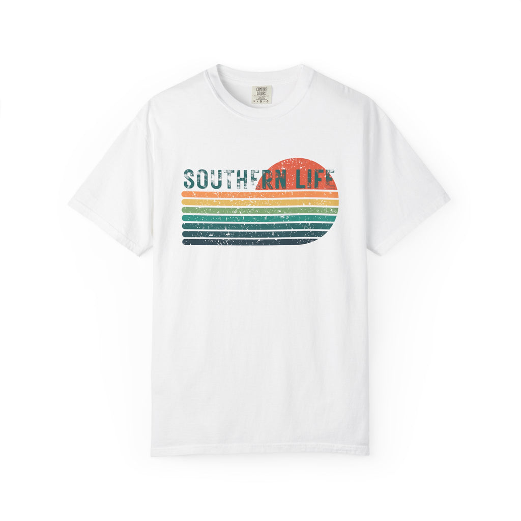 White t-shirt with 'Southern Life' graphic on a white background