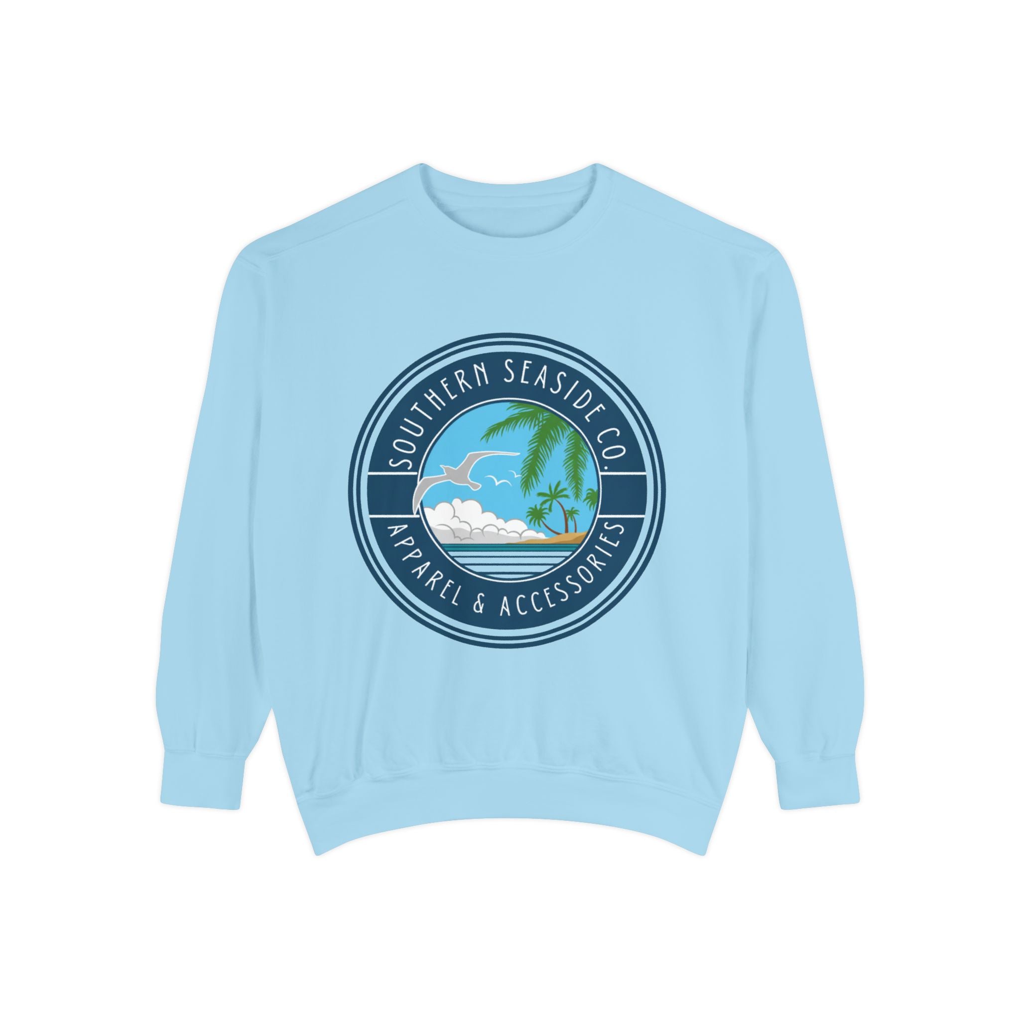 Light blue sweatshirt with a beach-themed logo on a white background