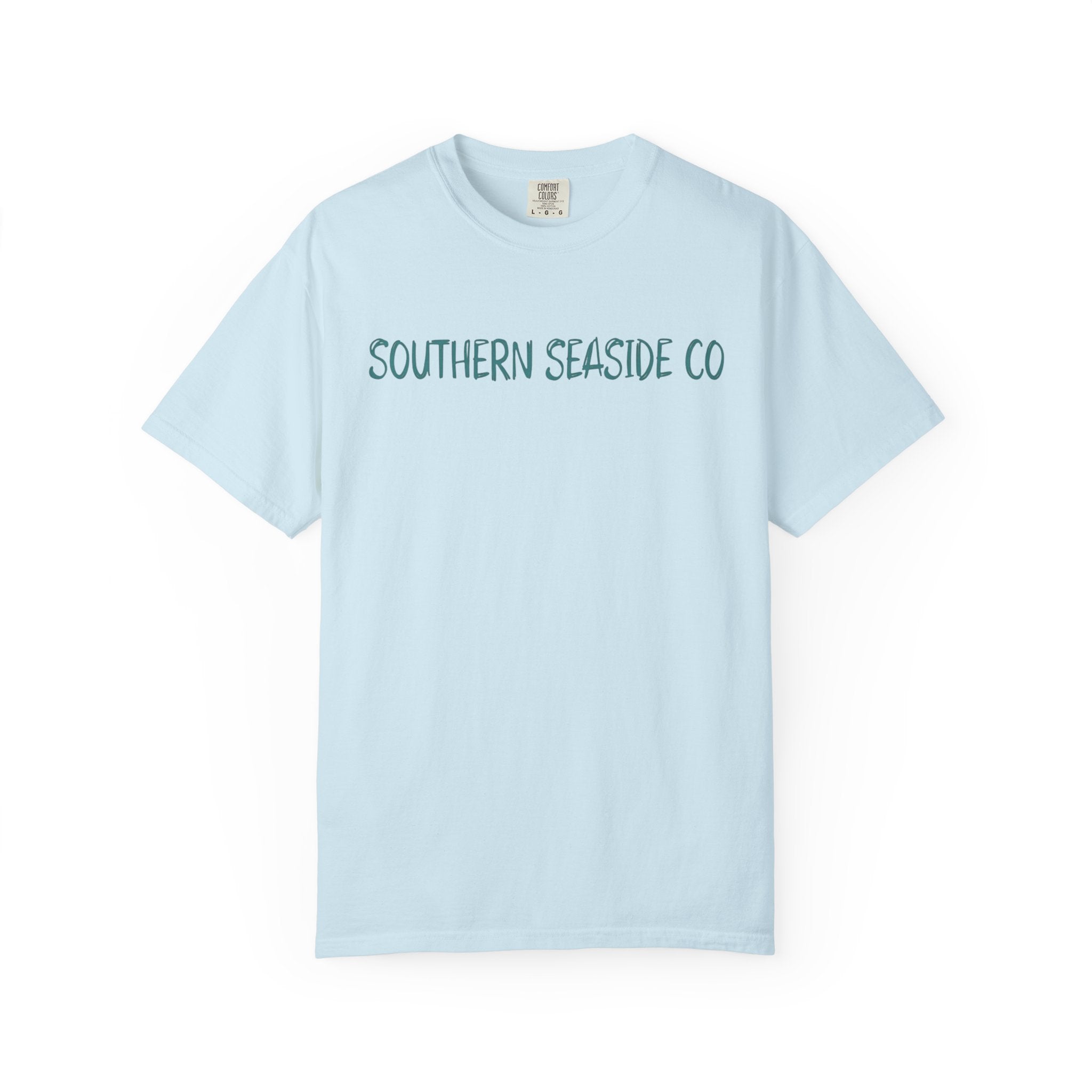 Light blue t-shirt with 'SOUTHERN SEASIDE CO' text on a white background
