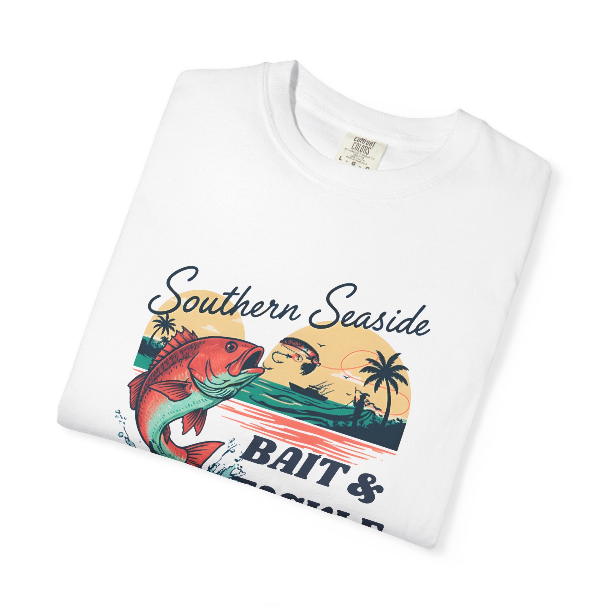 Men's White t-shirt with 'Southern Seaside Bait & Tackle' graphic design on a white background