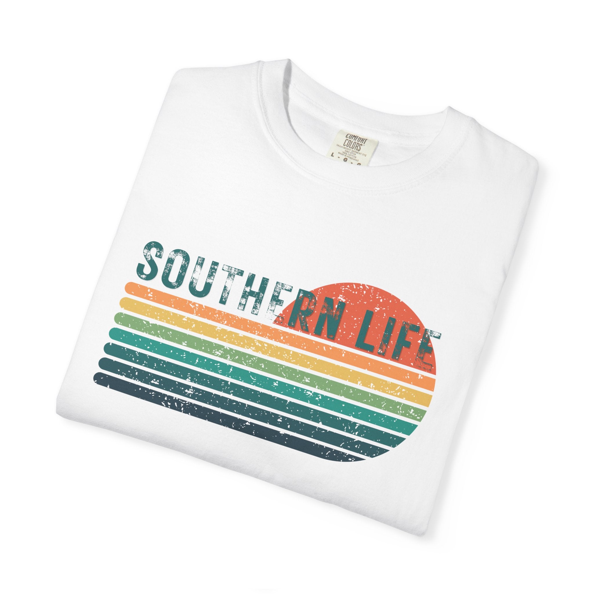 White t-shirt with 'Southern Life' graphic design on a white background