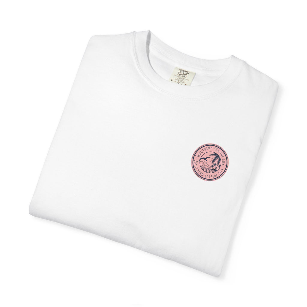 White t-shirt with a pink logo on a white background