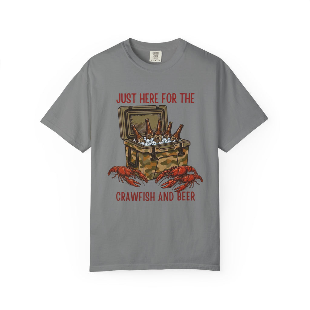 Gray t-shirt with crawfish and beer graphic and text on a white background