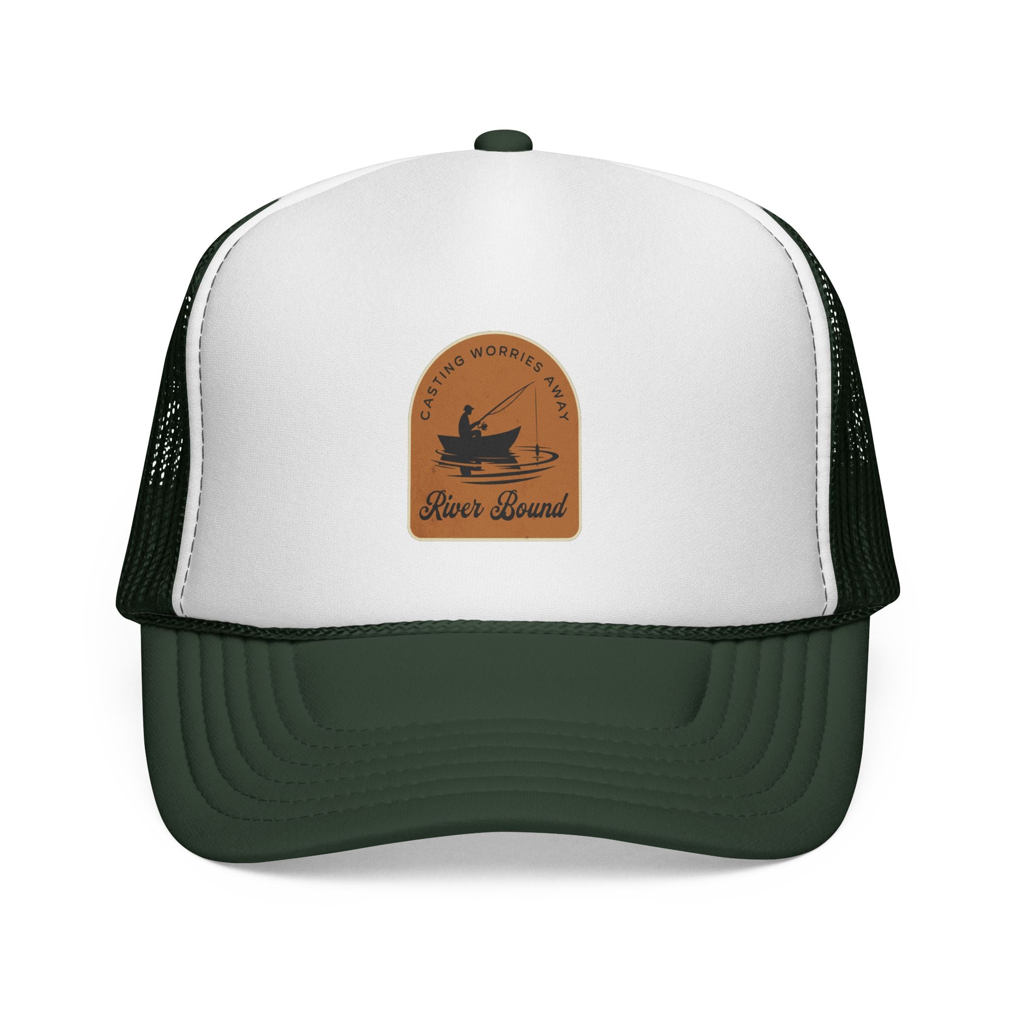 River Bound Fishing Hat. White and green trucker hat with a brown leather patch on a white background
