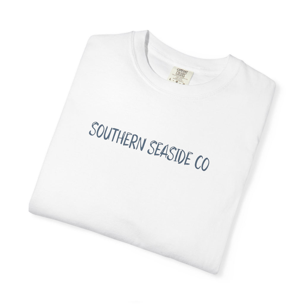 White t-shirt with 'SOUTHERN SEASIDE CO' text on a white background
