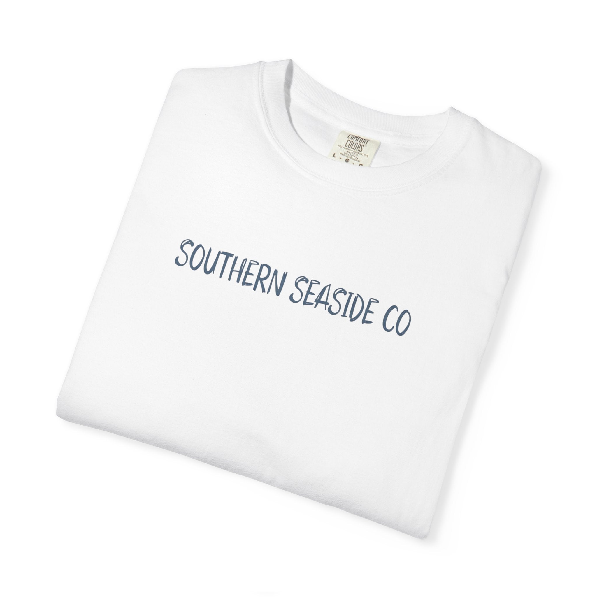 White t-shirt with 'SOUTHERN SEASIDE CO' text on a white background