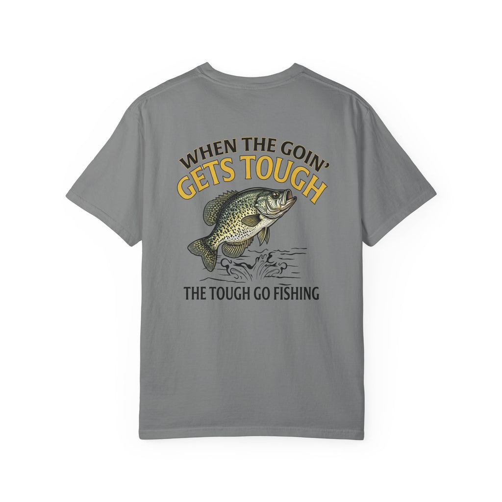 Gray t-shirt with crappie fishing graphic and funny t-shirt text on a white background