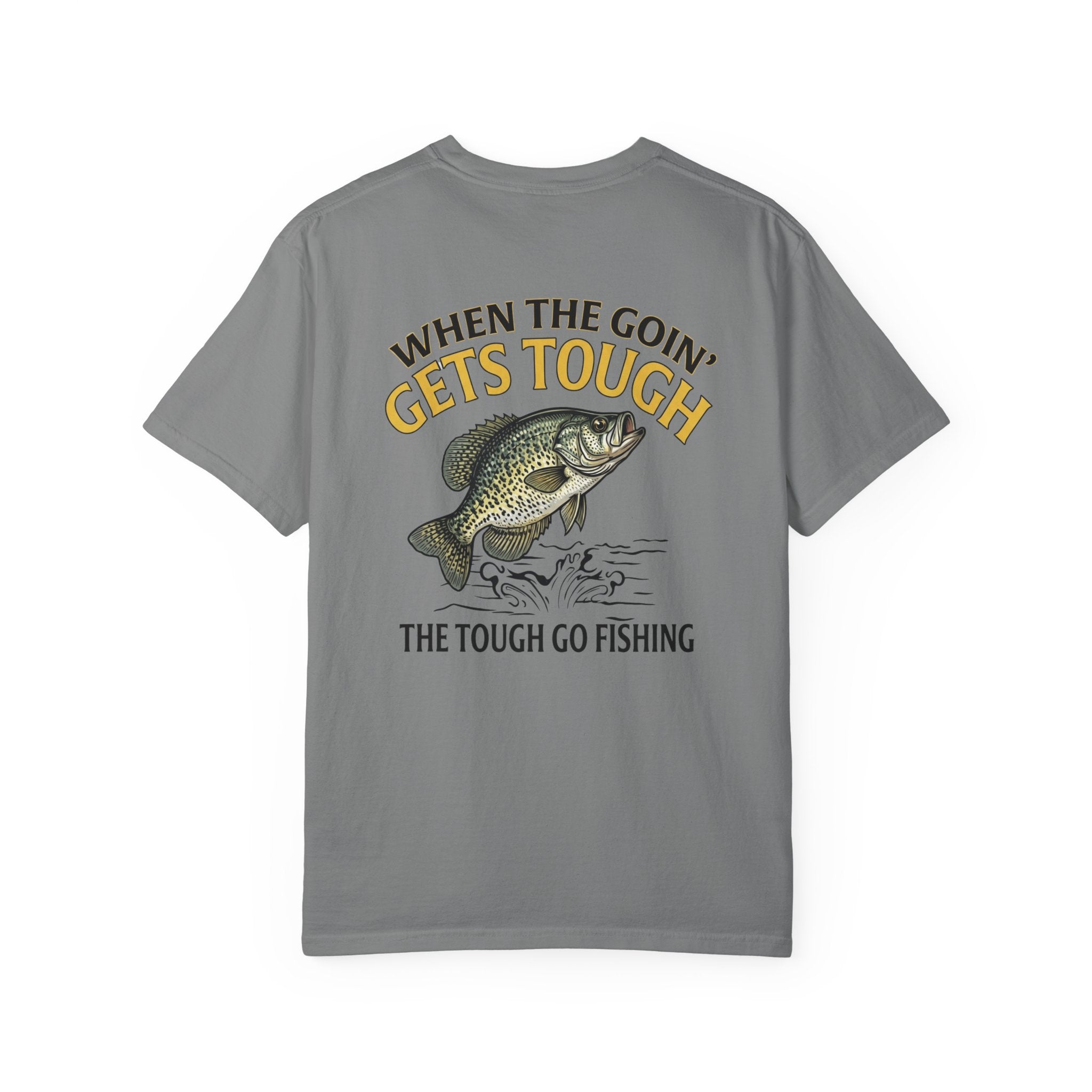 Gray t-shirt with crappie fishing graphic and funny t-shirt text on a white background