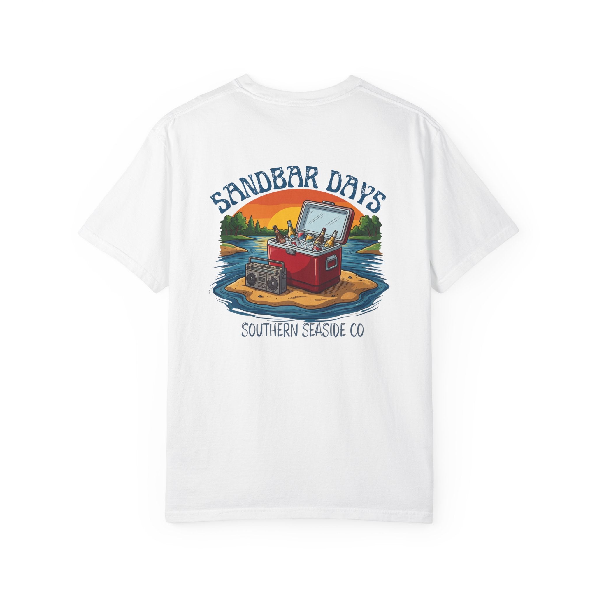 White t-shirt with a graphic design on the back featuring a cooler and sunset, with 'Sandbar Days' text.