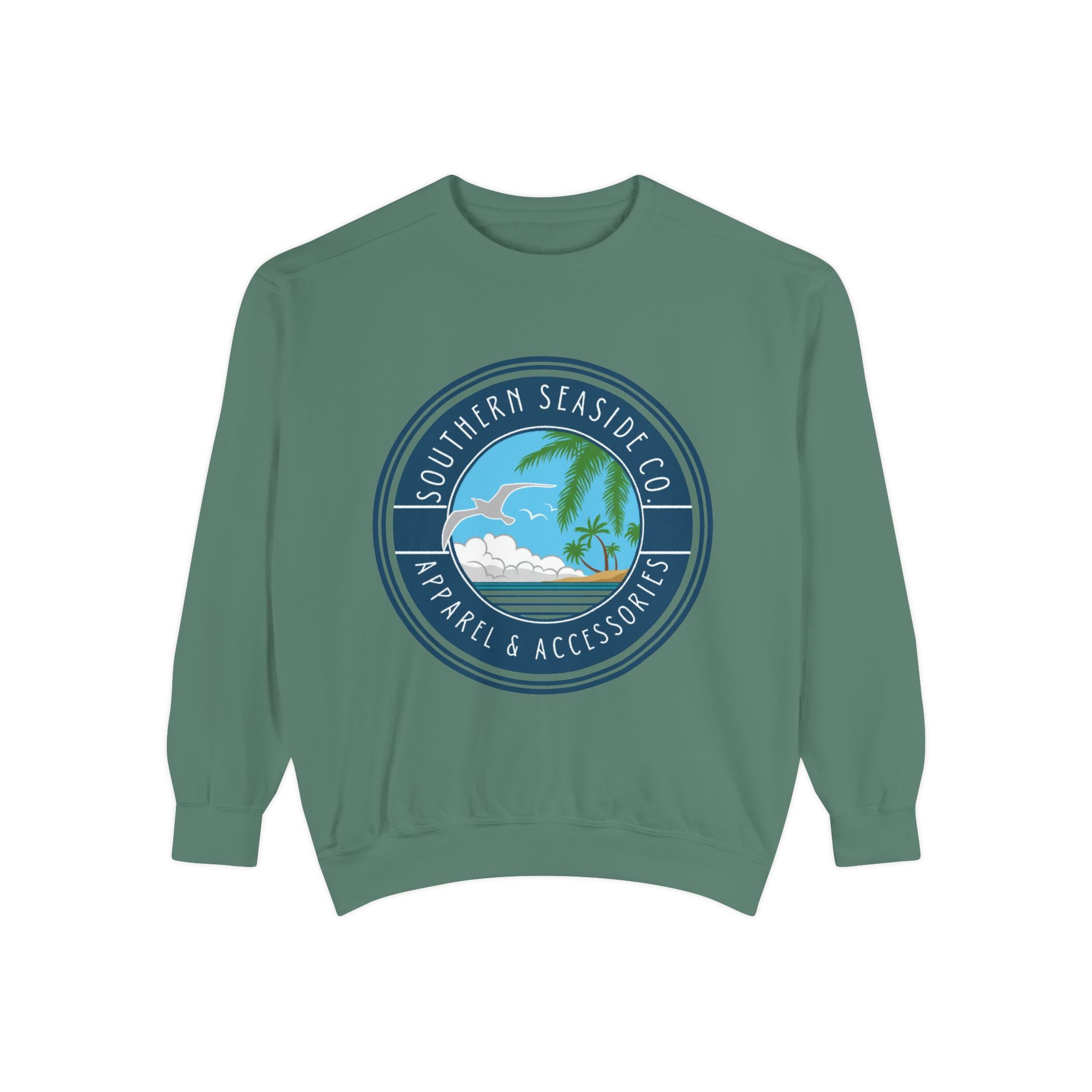 Green sweatshirt with a beach-themed Southern Seaside Co logo on a white background