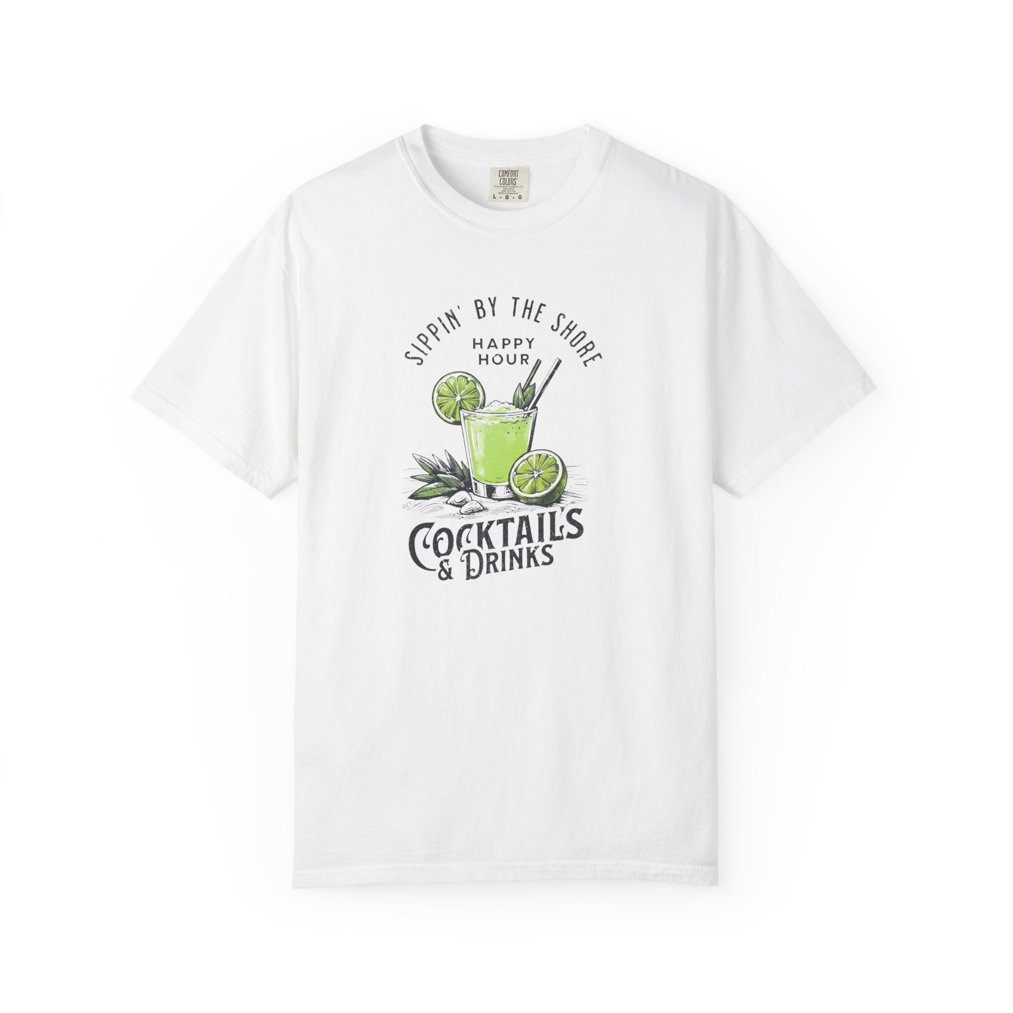 White t-shirt with cocktail graphic and text on a white background