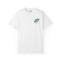 White t-shirt with a crappie fish graphic and text on a white background