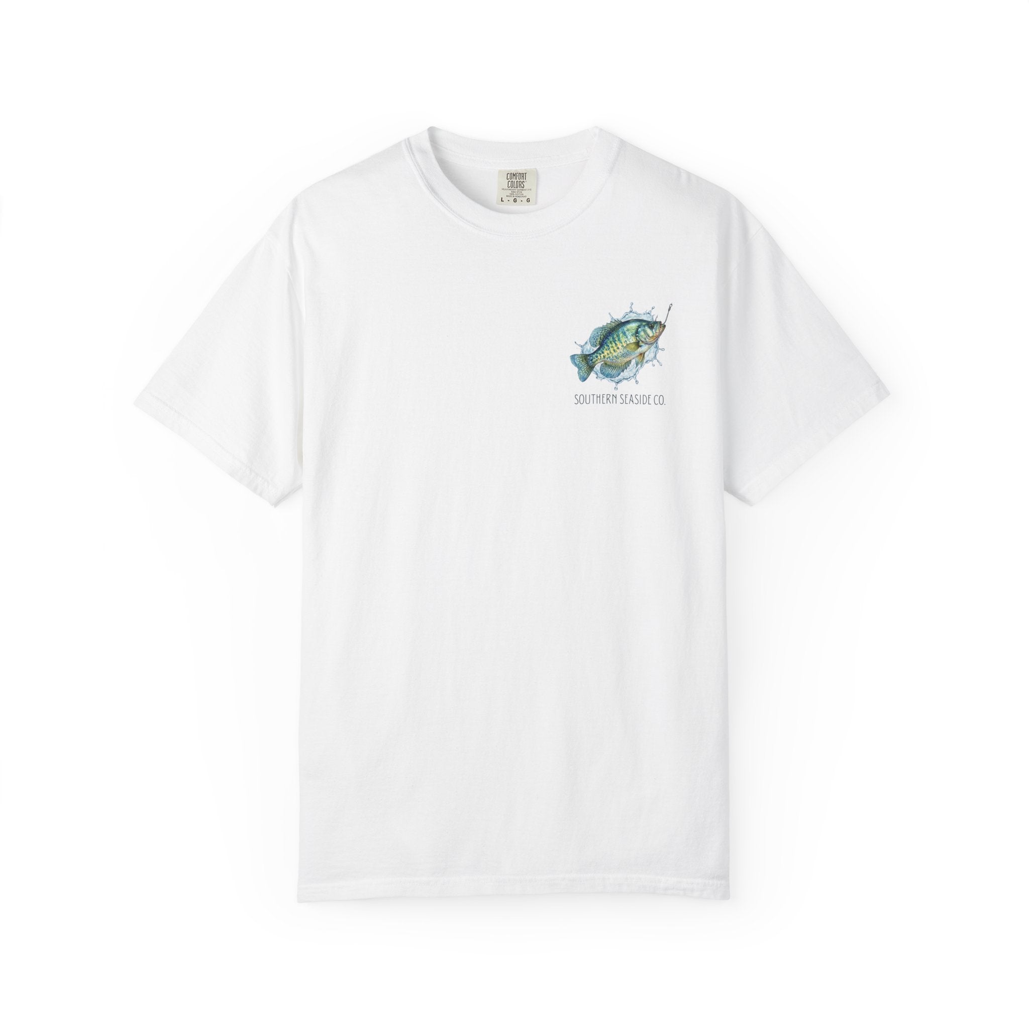 White t-shirt with a crappie fish graphic and text on a white background