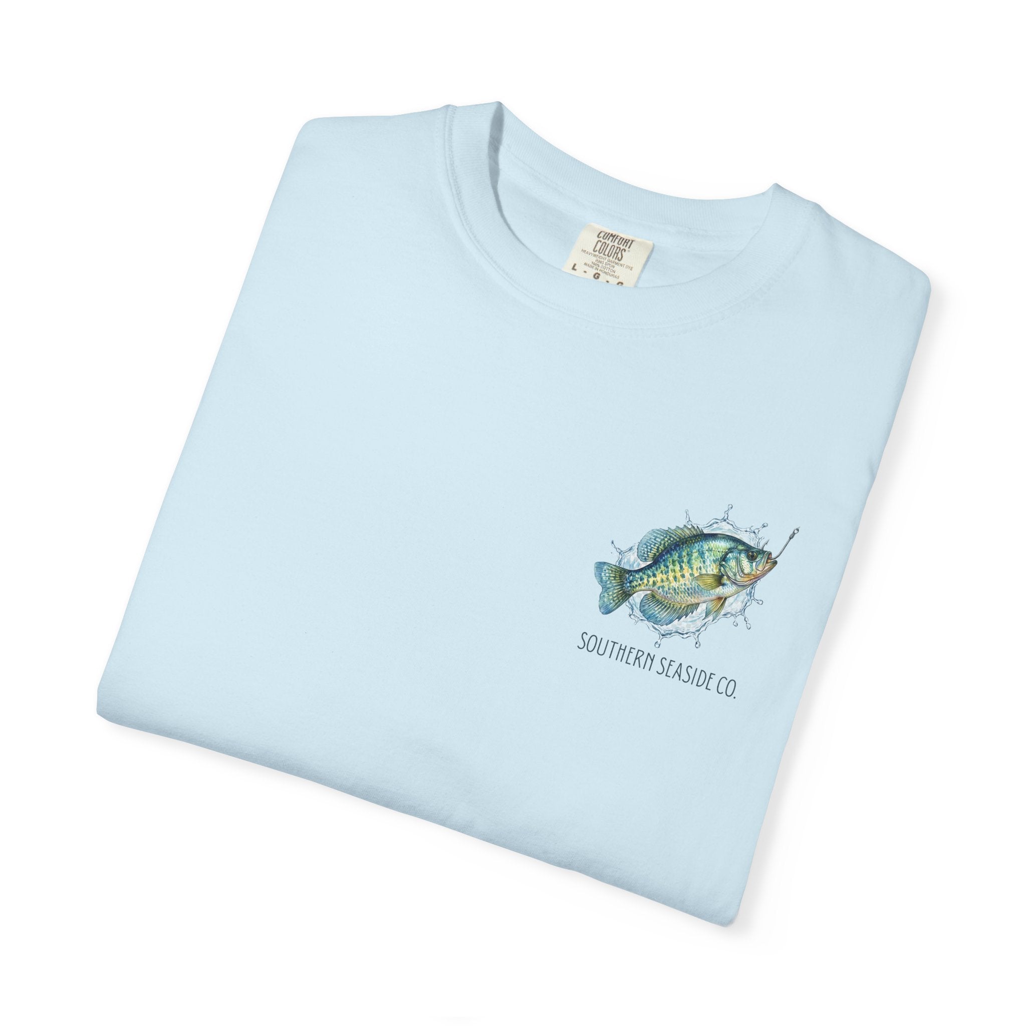 Light blue t-shirt with crappie fish graphic and 'Southern Season Co' text on a white background