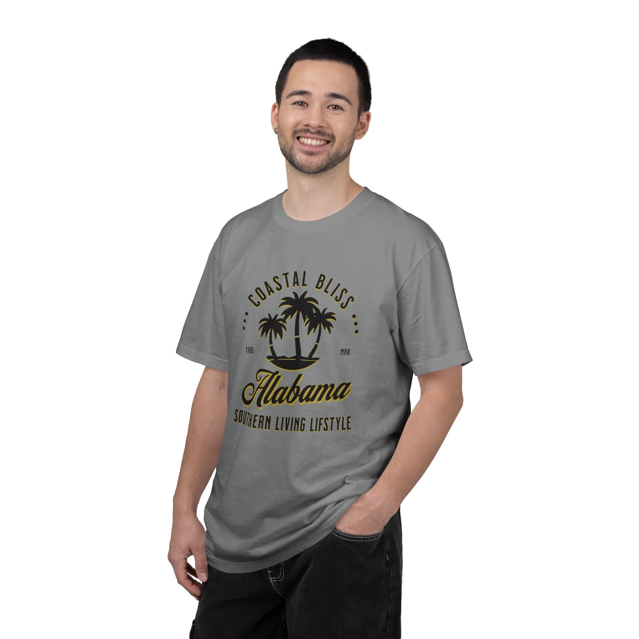 Man wearing a gray t-shirt with 'Alabama' text and palm tree design on a white background