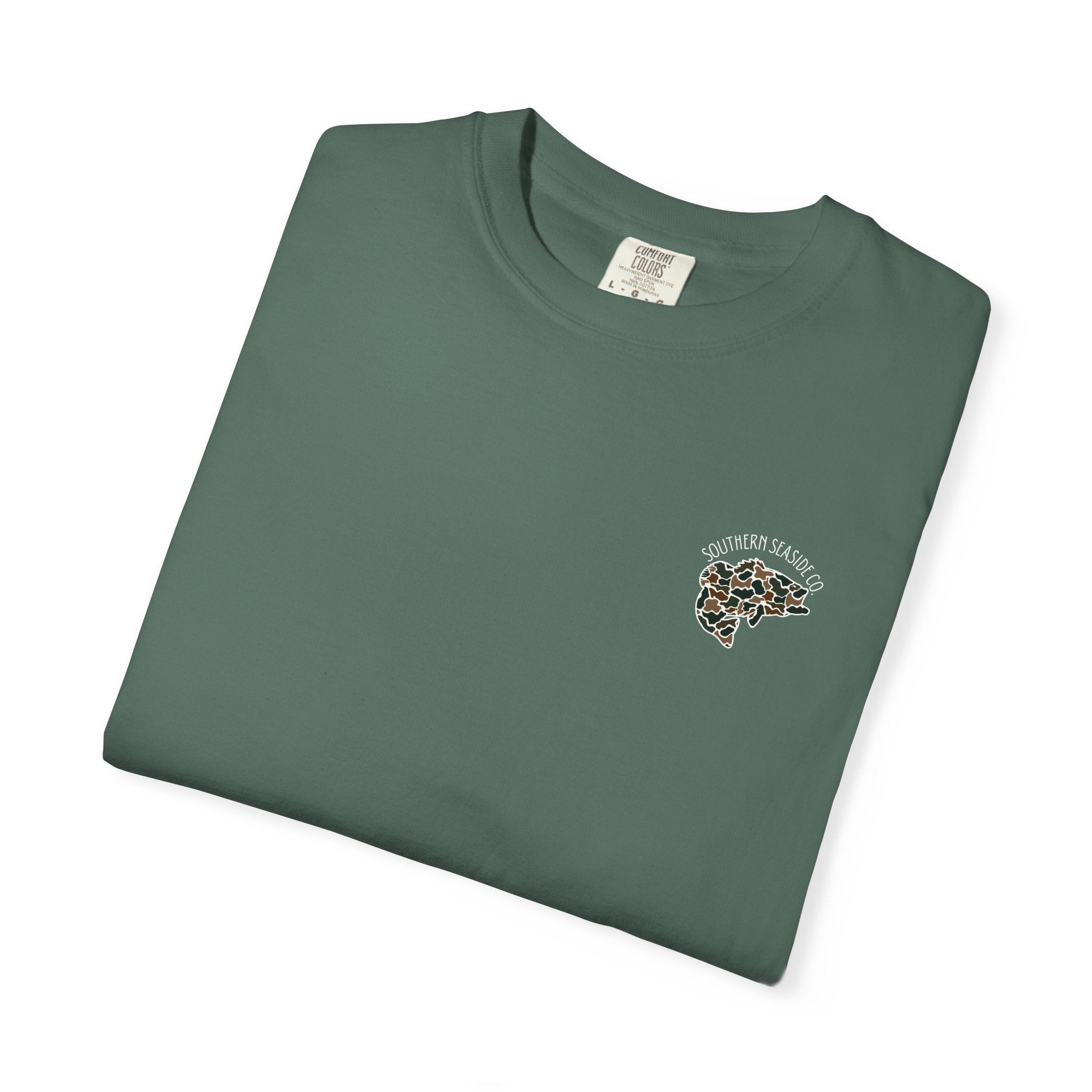 Folded green t-shirt with a camo print bass fish and the Southern Seaside Company logo on a white background