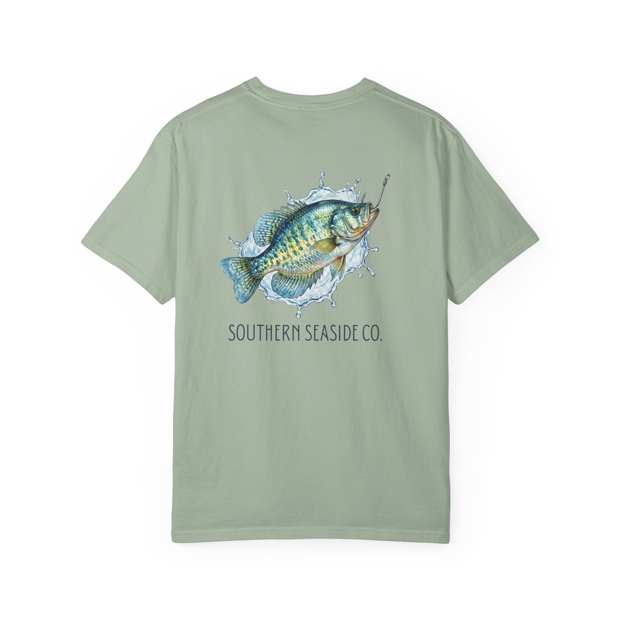 Light green t-shirt with a crappie fish graphic and 'Southern Seaside Co.' text on a white background