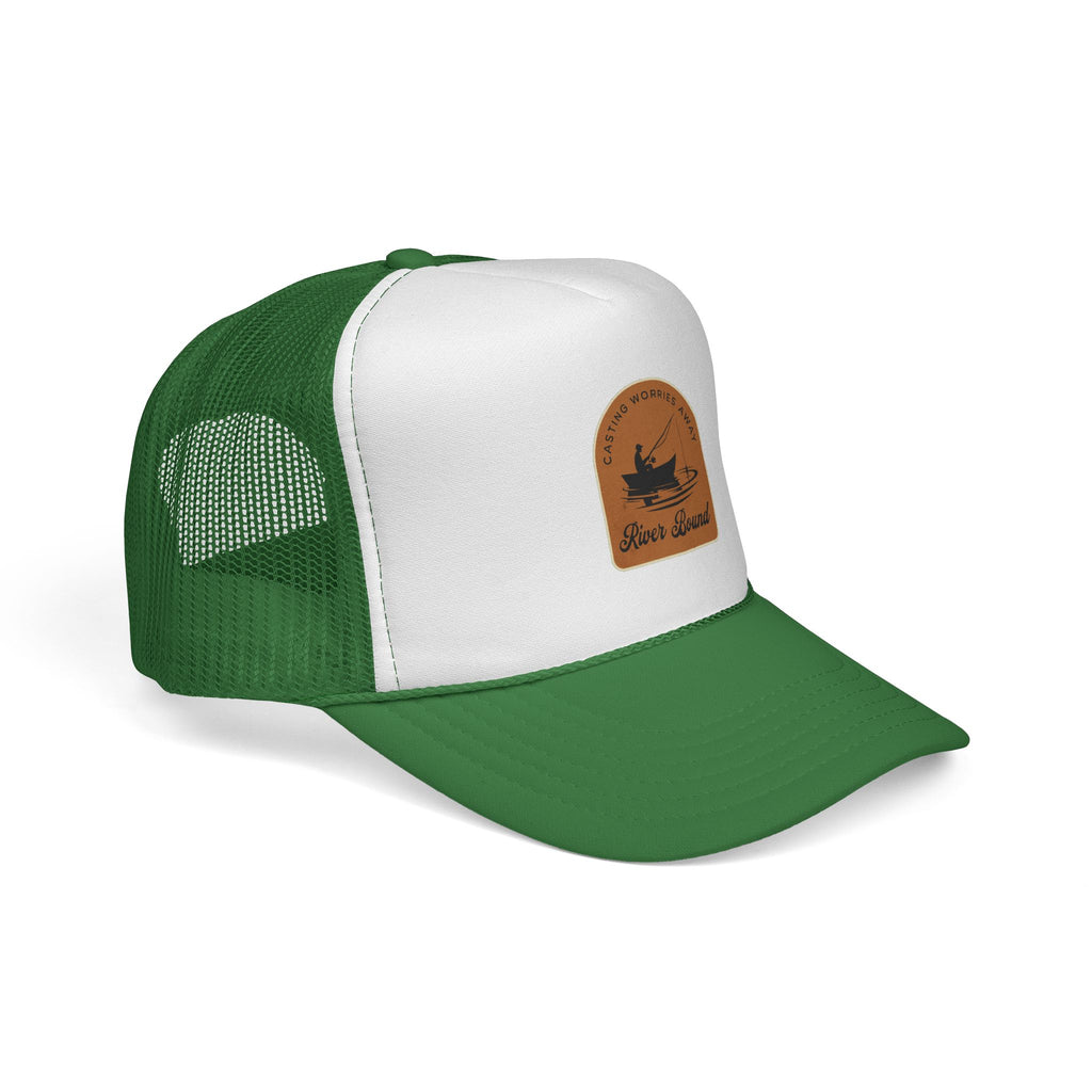 Green and white trucker cap with a brown leather patch fishing logo image 