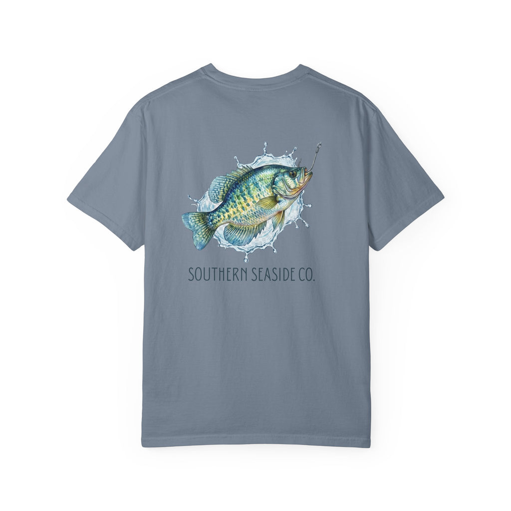 Gray t-shirt with a crappie fish graphic and 'Southern Seaside Co.' text on a white background