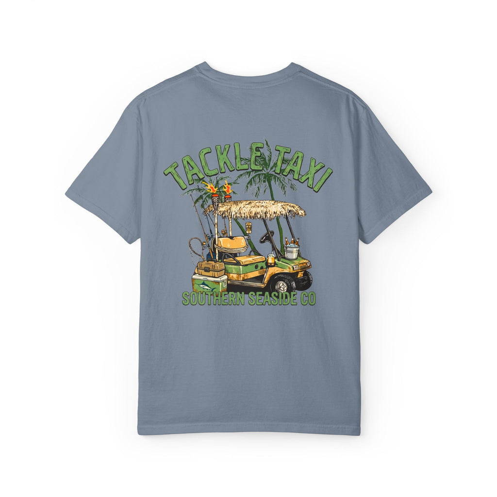 Blue t-shirt with 'Tackle Taxi' graphic on a white background