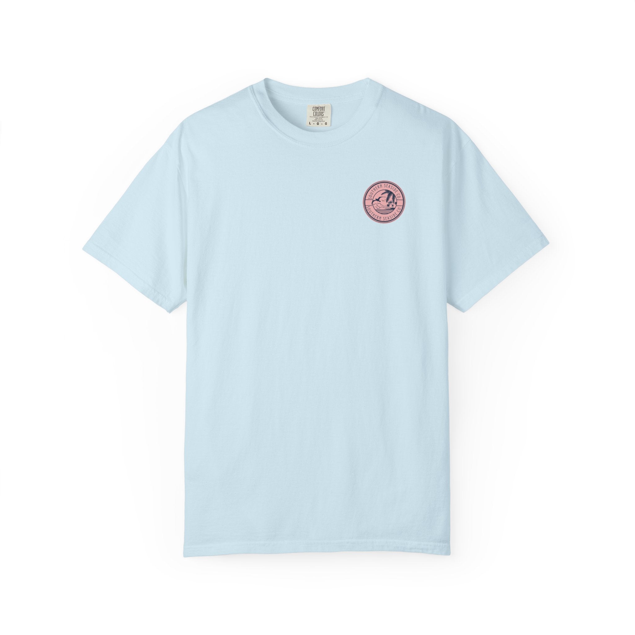 Light blue t-shirt with a pink logo on a white background