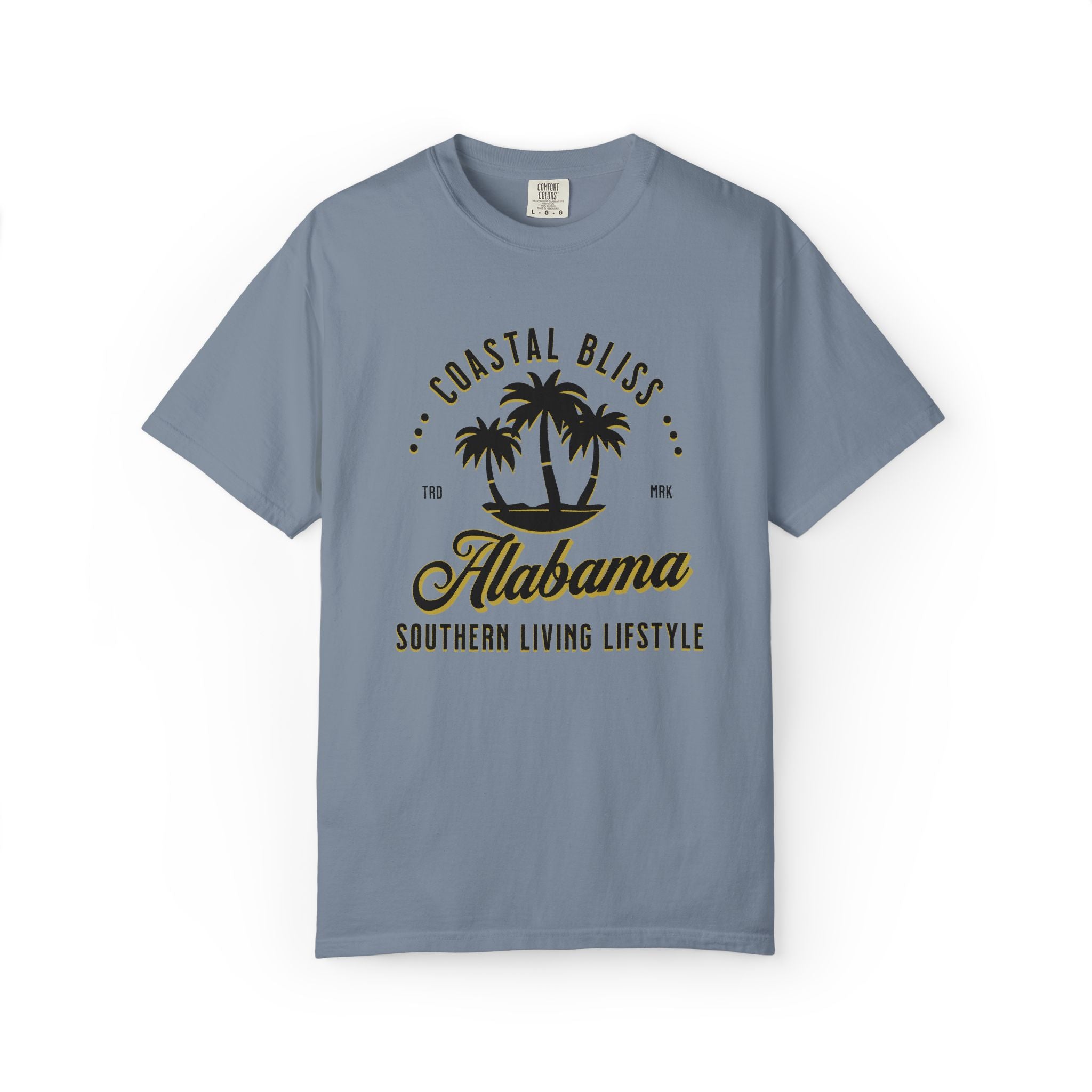 Blue t-shirt with 'Alabama Southern Living Lifestyle' text and palm tree graphic on a white background