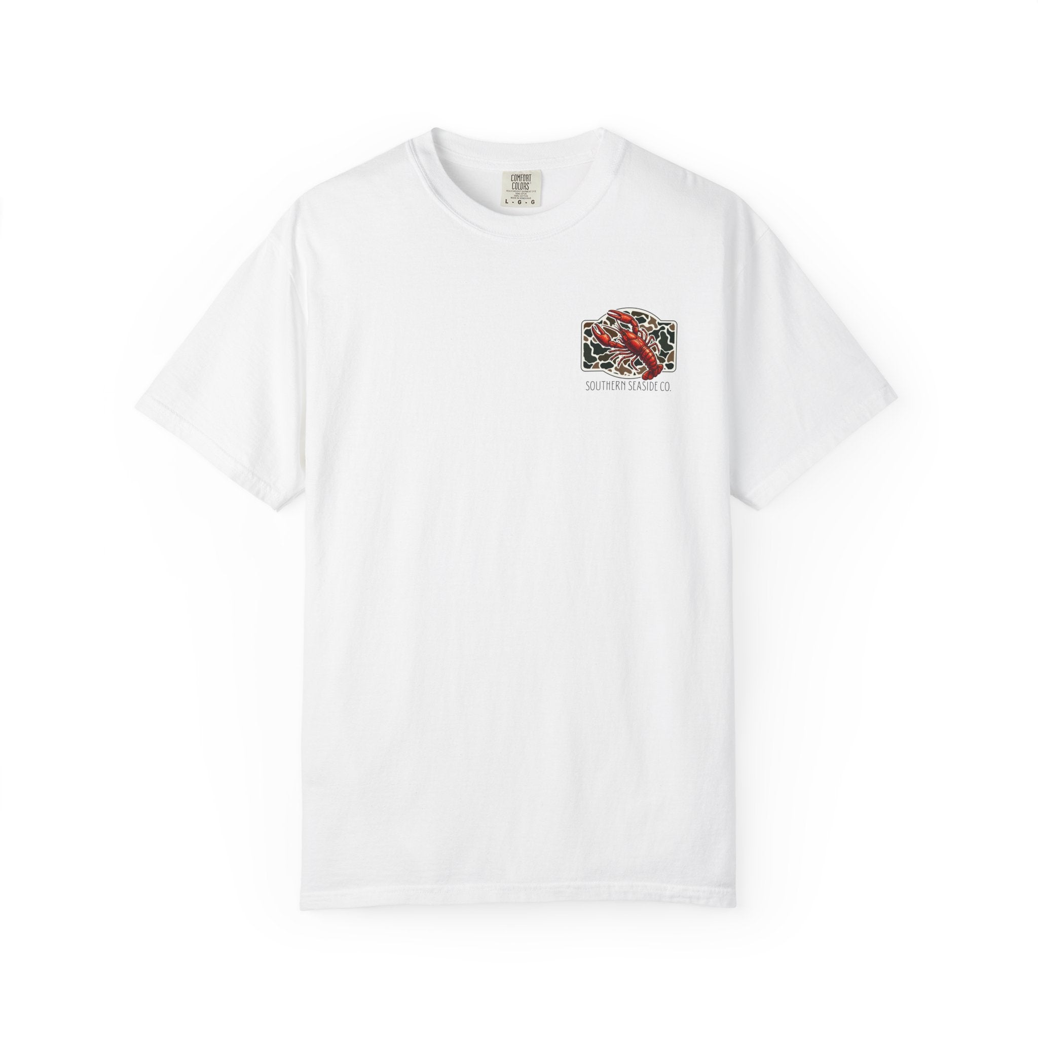 White t-shirt with a colorful crawfish logo and new camo print background  logo on the chest against a white background