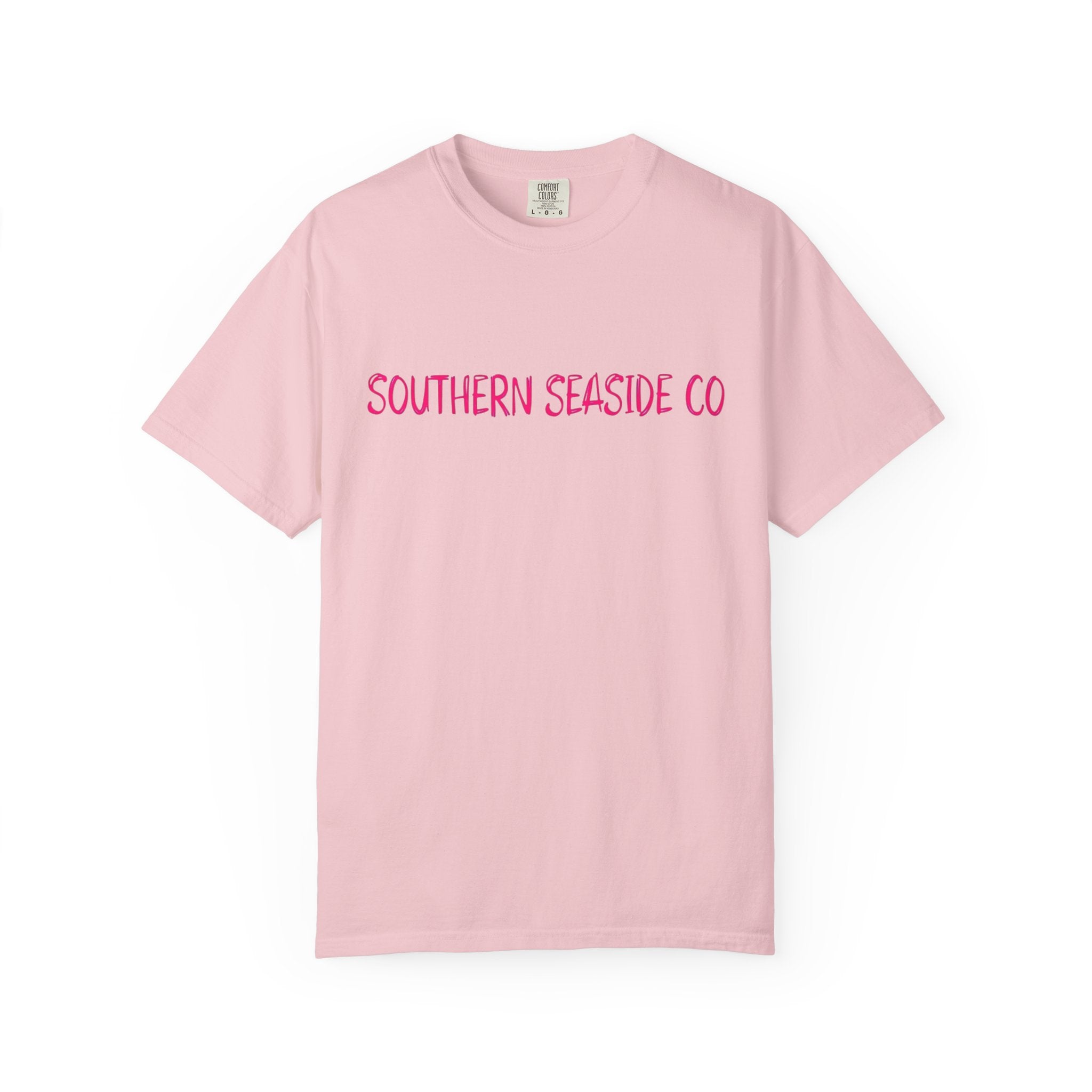 Pink t-shirt with 'SOUTHERN SEASIDE CO' text on a white background