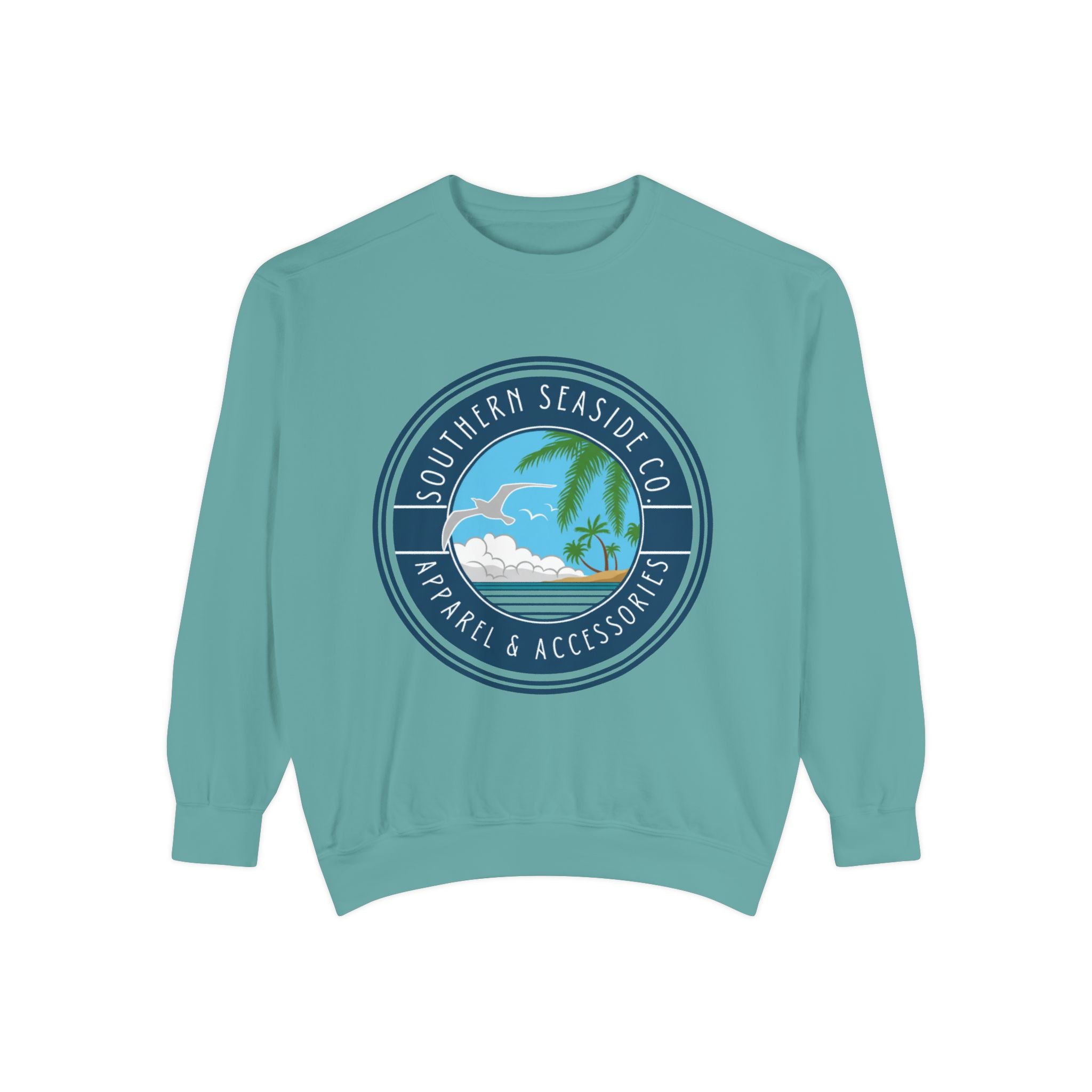 Teal sweatshirt with a beach-themed Southern Seaside logo on a white background