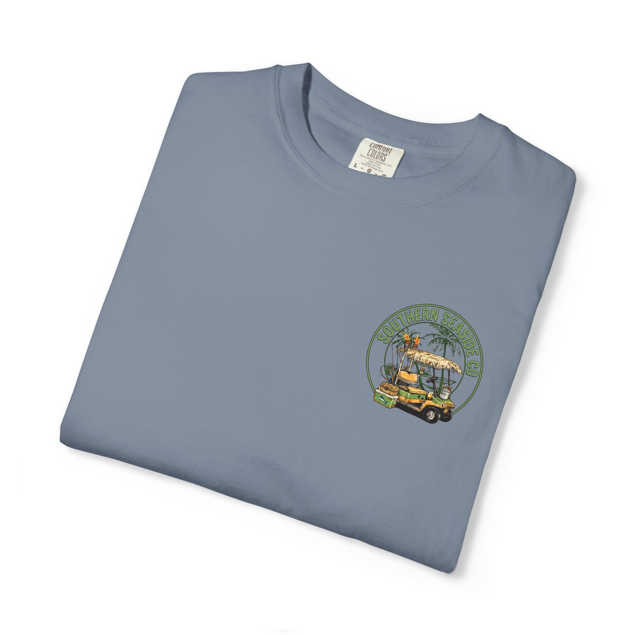 Folded blue t-shirt with a  golf cart and fishing graphic design on a white background