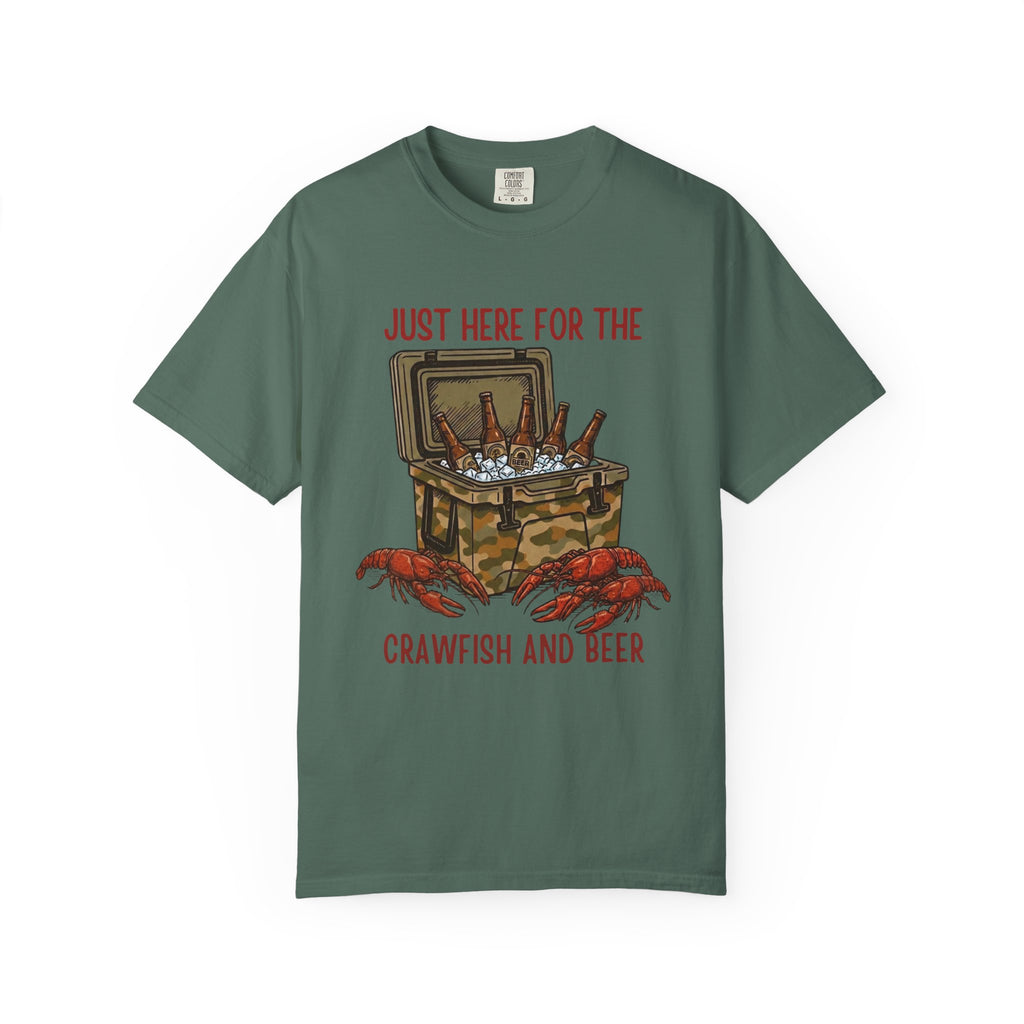 Green t-shirt with crawfish and beer graphic and text on a white background