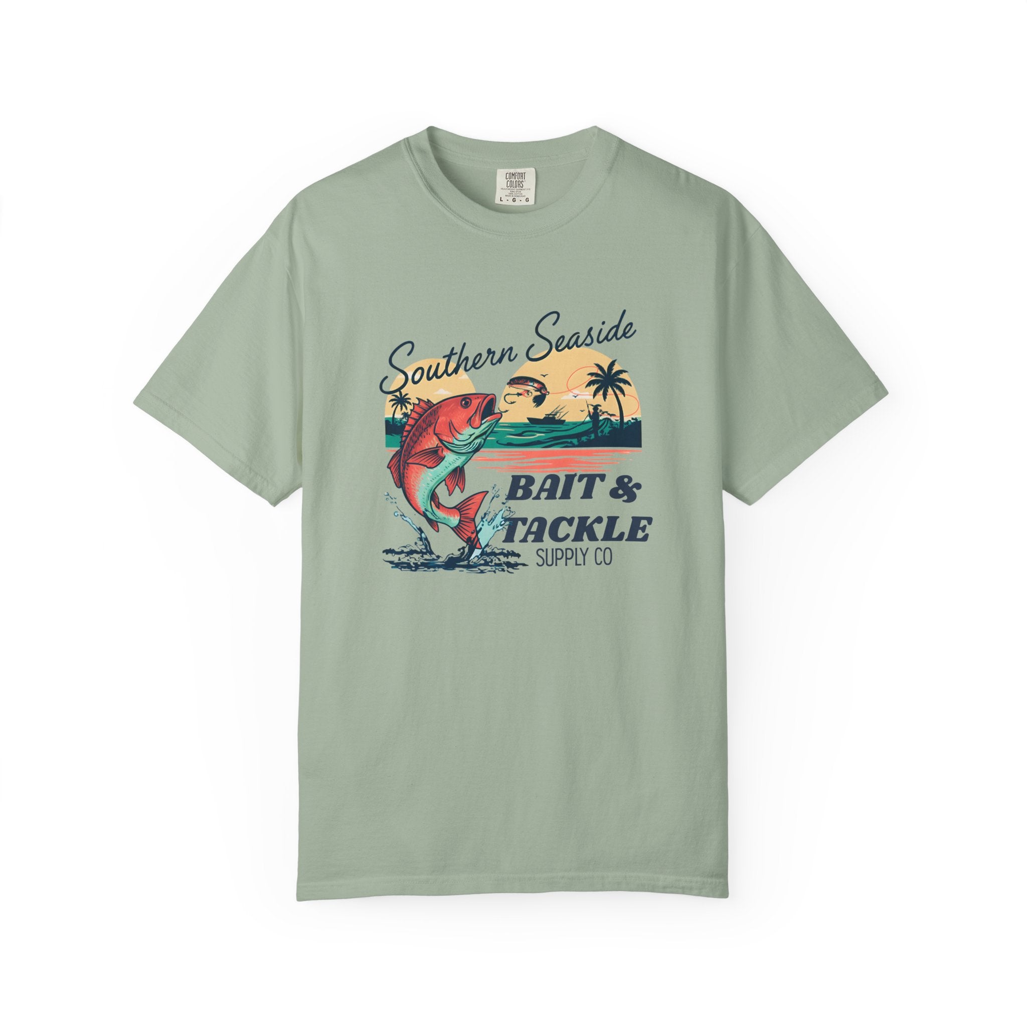 Light green t-shirt with 'Southern Seaside Bait & Tackle' graphic on a white background
