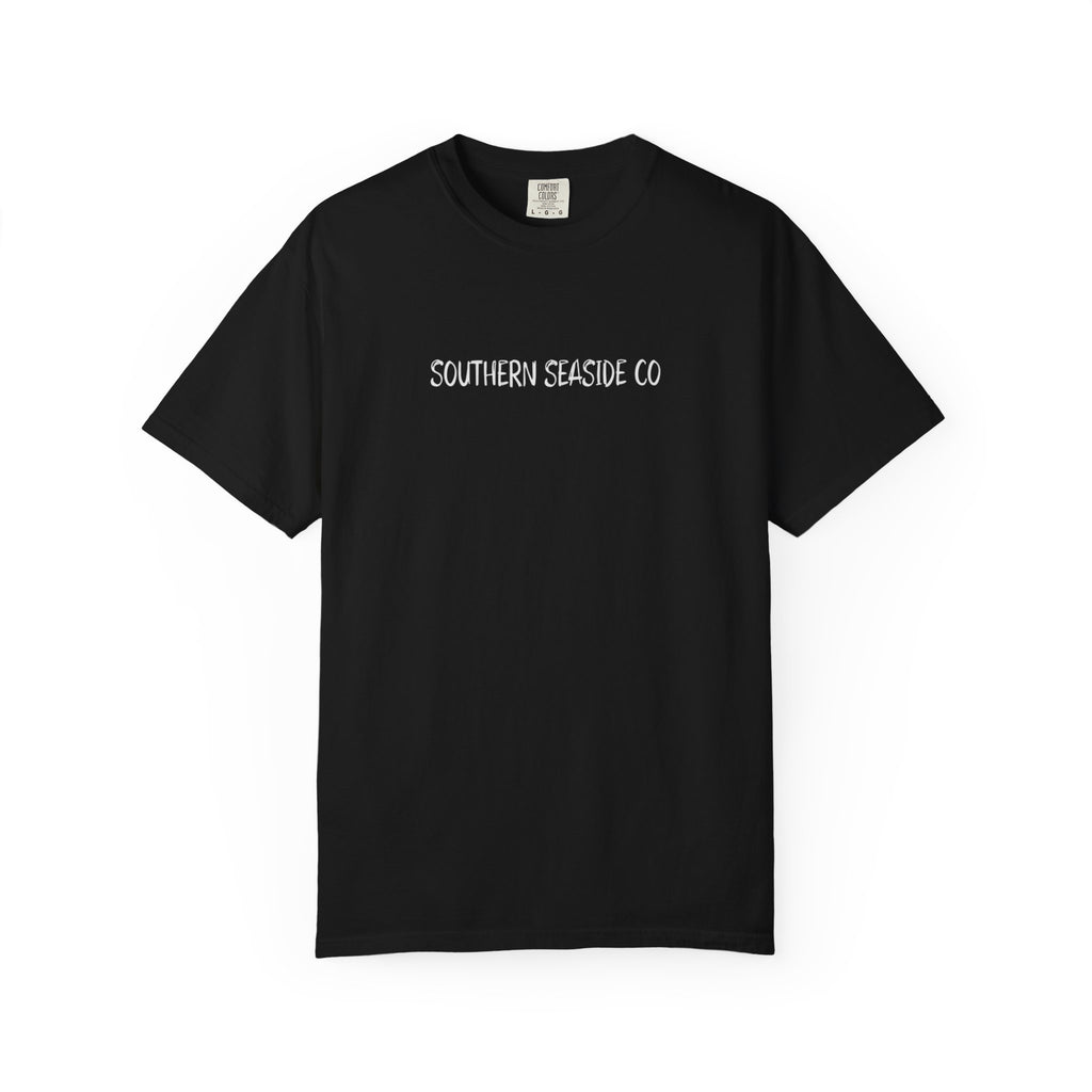 Black t-shirt with a logo of Southern Seaside Co on the chest against a white background