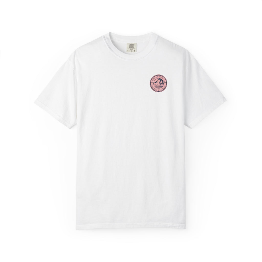 White t-shirt with a pink Southern Seaside Co logo on a white background