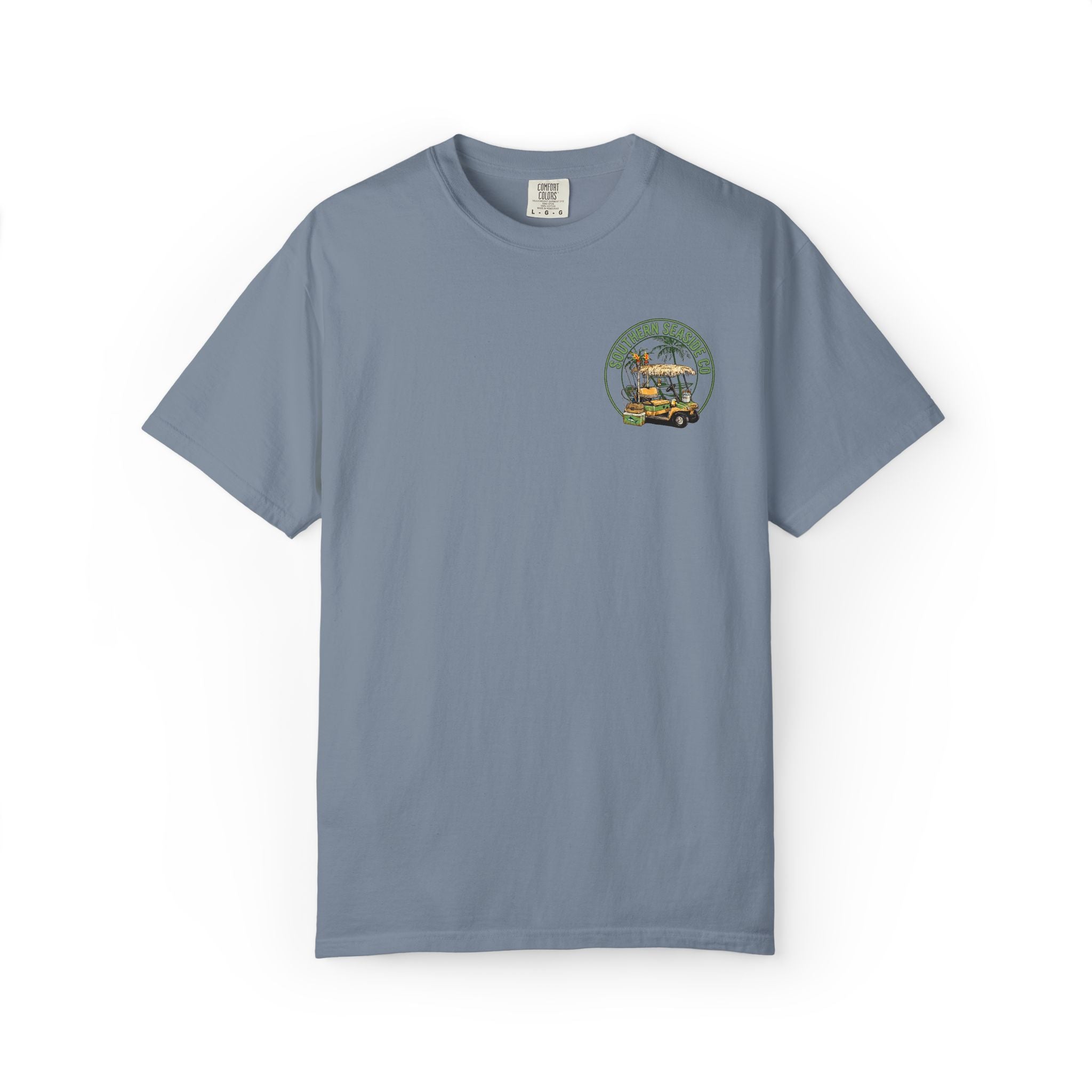 Blue t-shirt with a funny golf cart graphic design with fishing gear and beer and the Southern Seaside Co logo