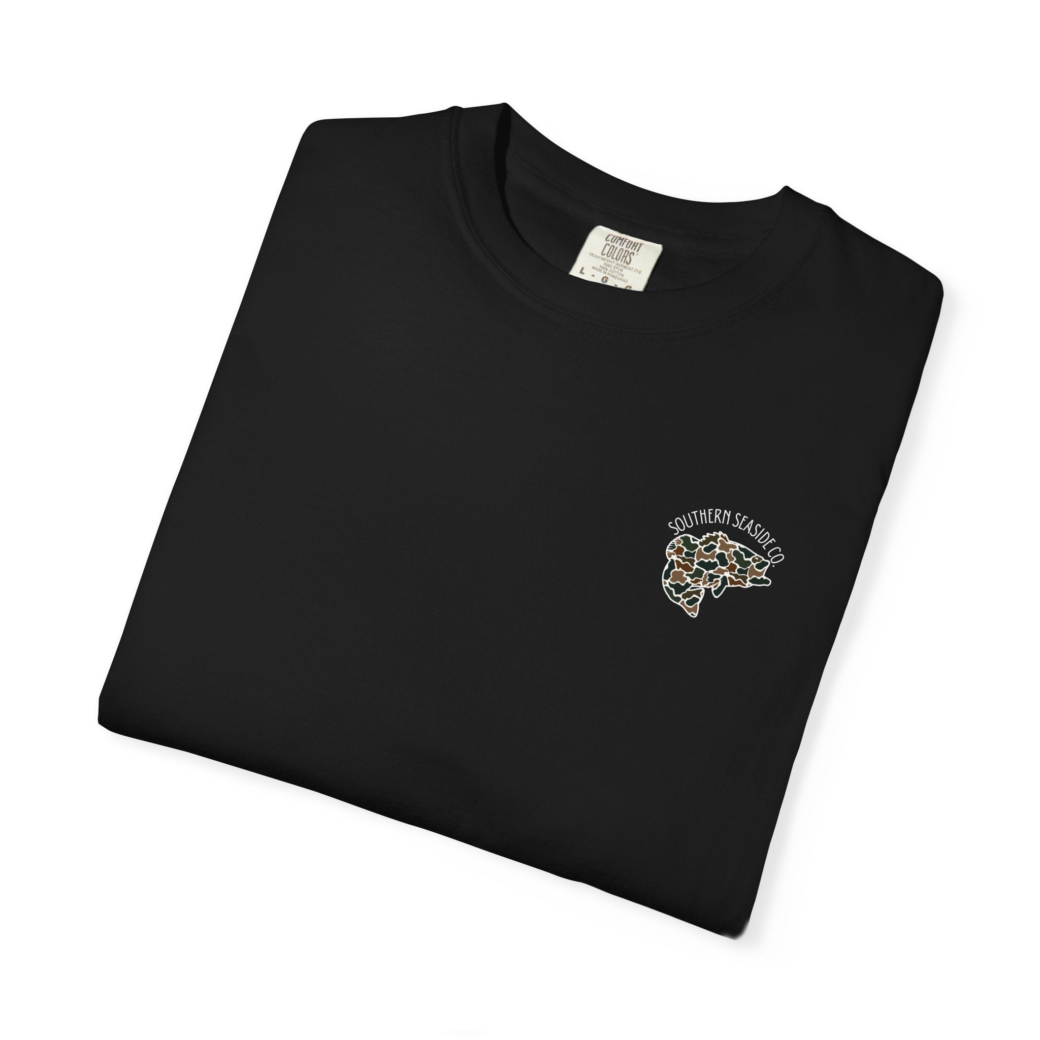 Folded black t-shirt with a camo bass fishing design and the Southern Seaside logo on the chest pocket area