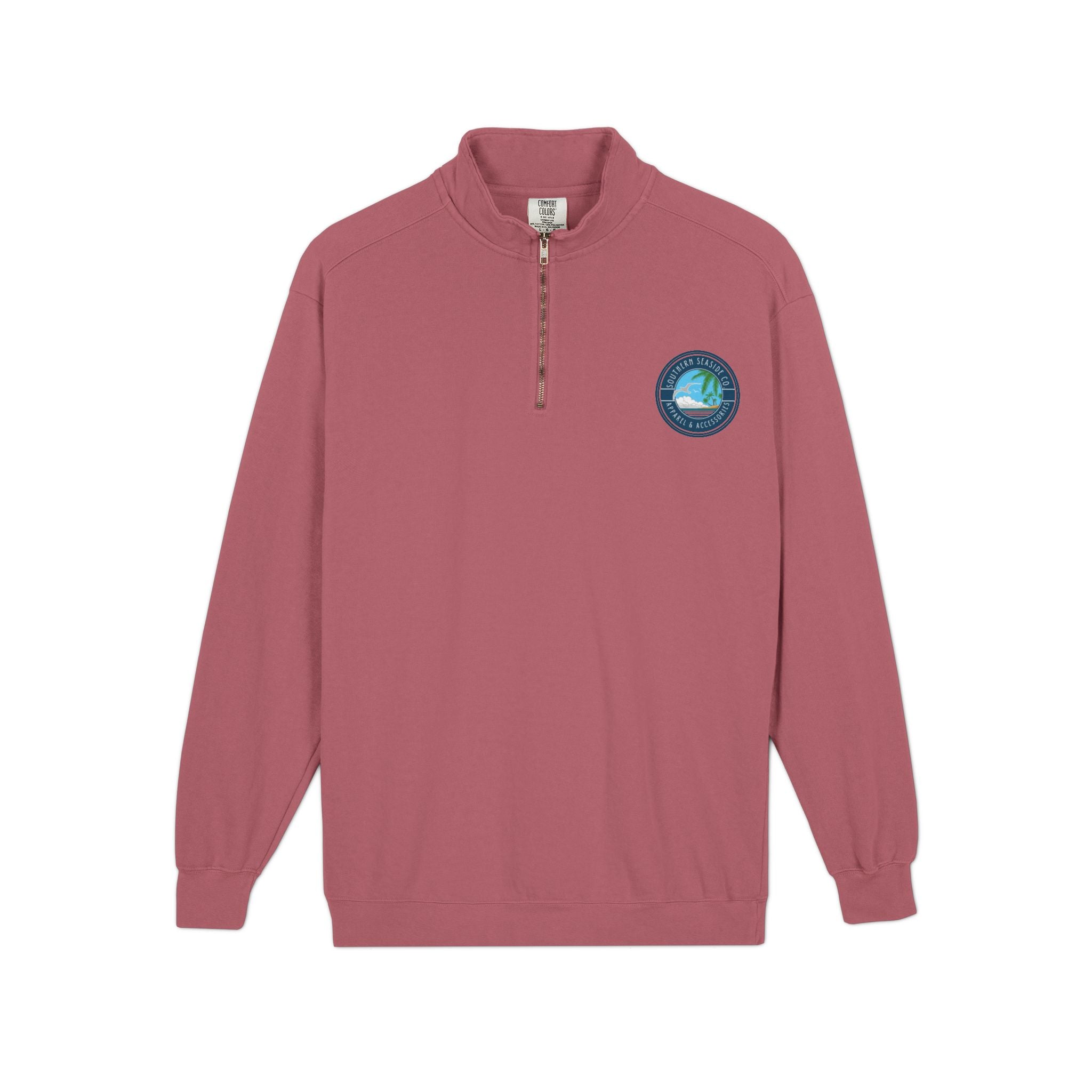 Maroon long-sleeve quarter zip sweatshirt with a Southern Seaside Company logo on the chest against a white background