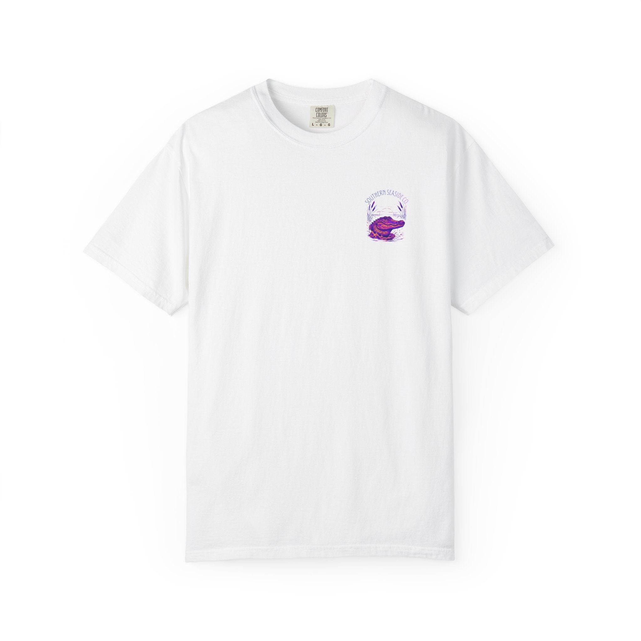 White t-shirt with a small alligator graphic on a white background