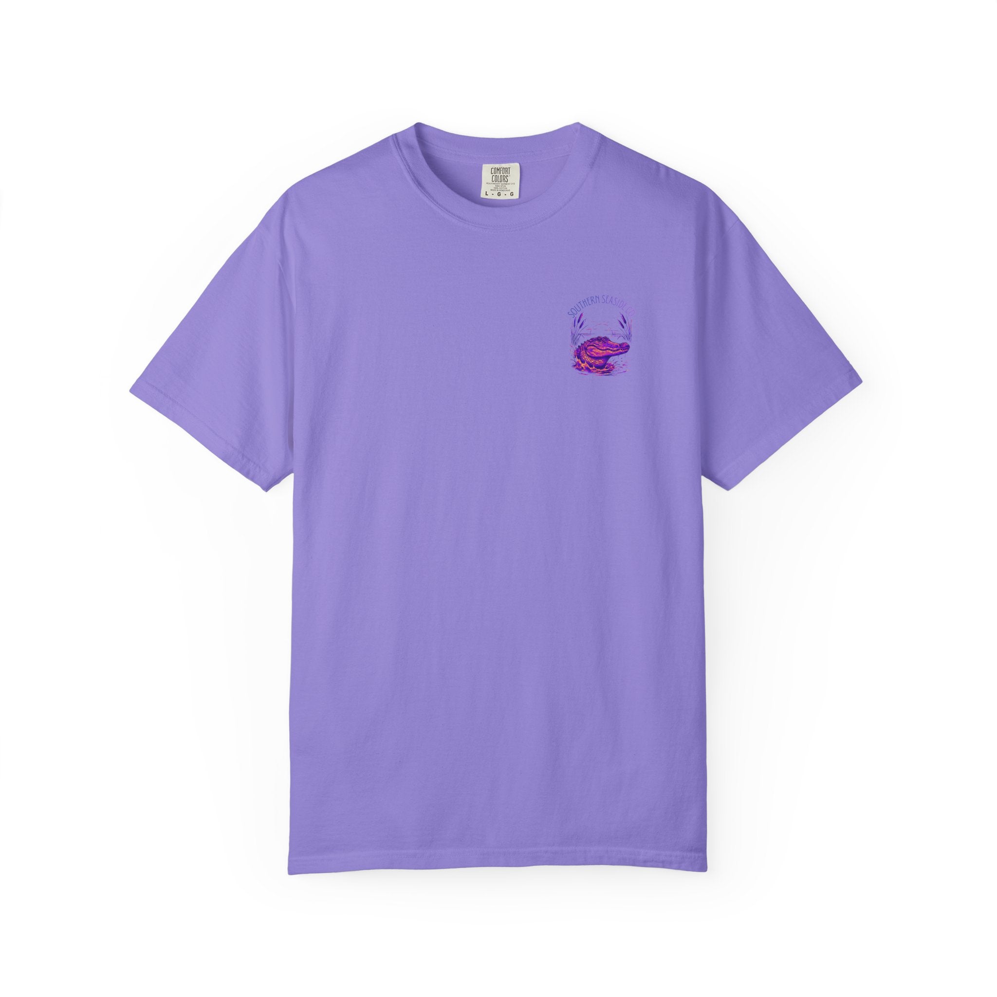 Purple t-shirt with a small alligator graphic on a white background